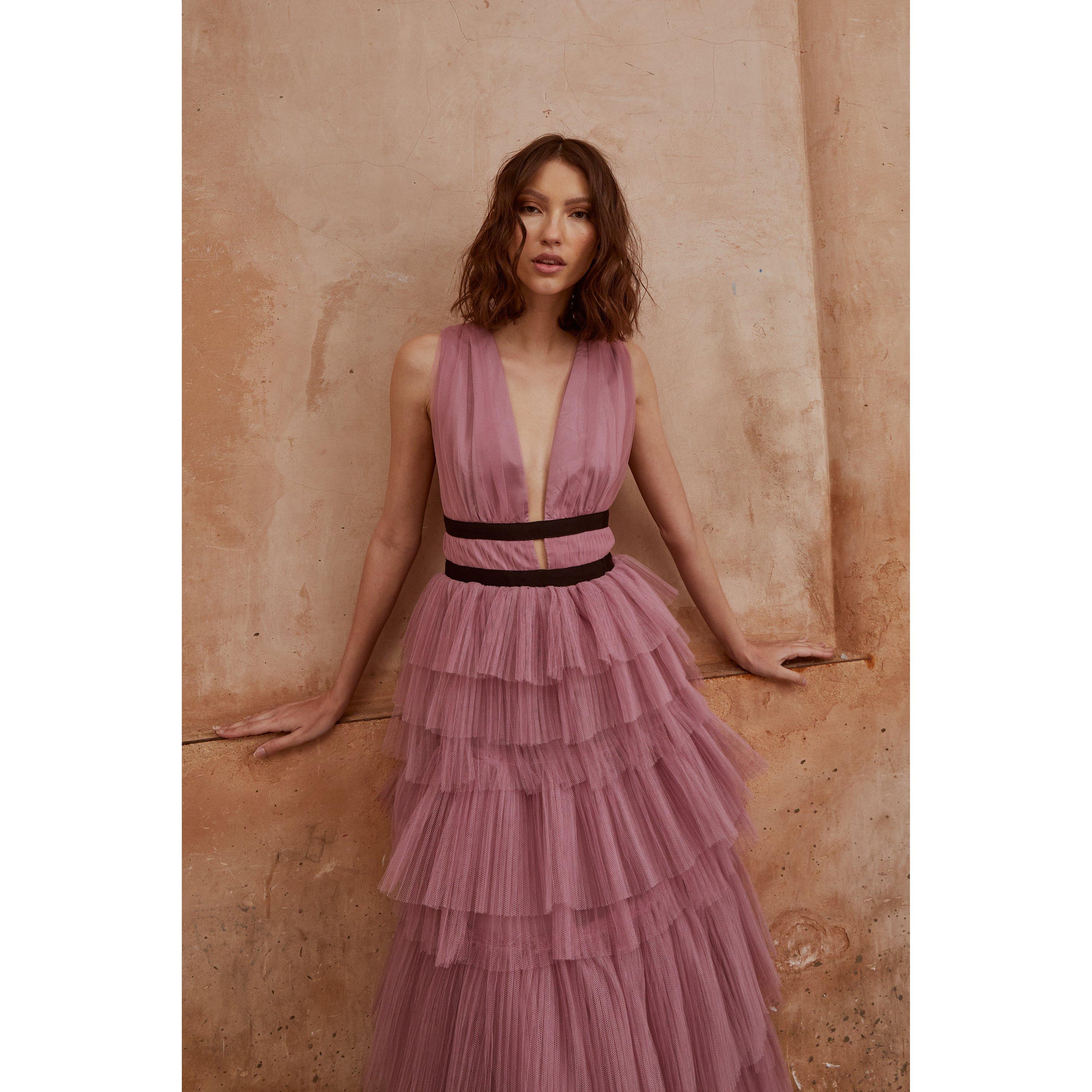 Pink - True Decadence - True Decadence Eliza Plunge Front Tulle Layered Maxi Dress - 2