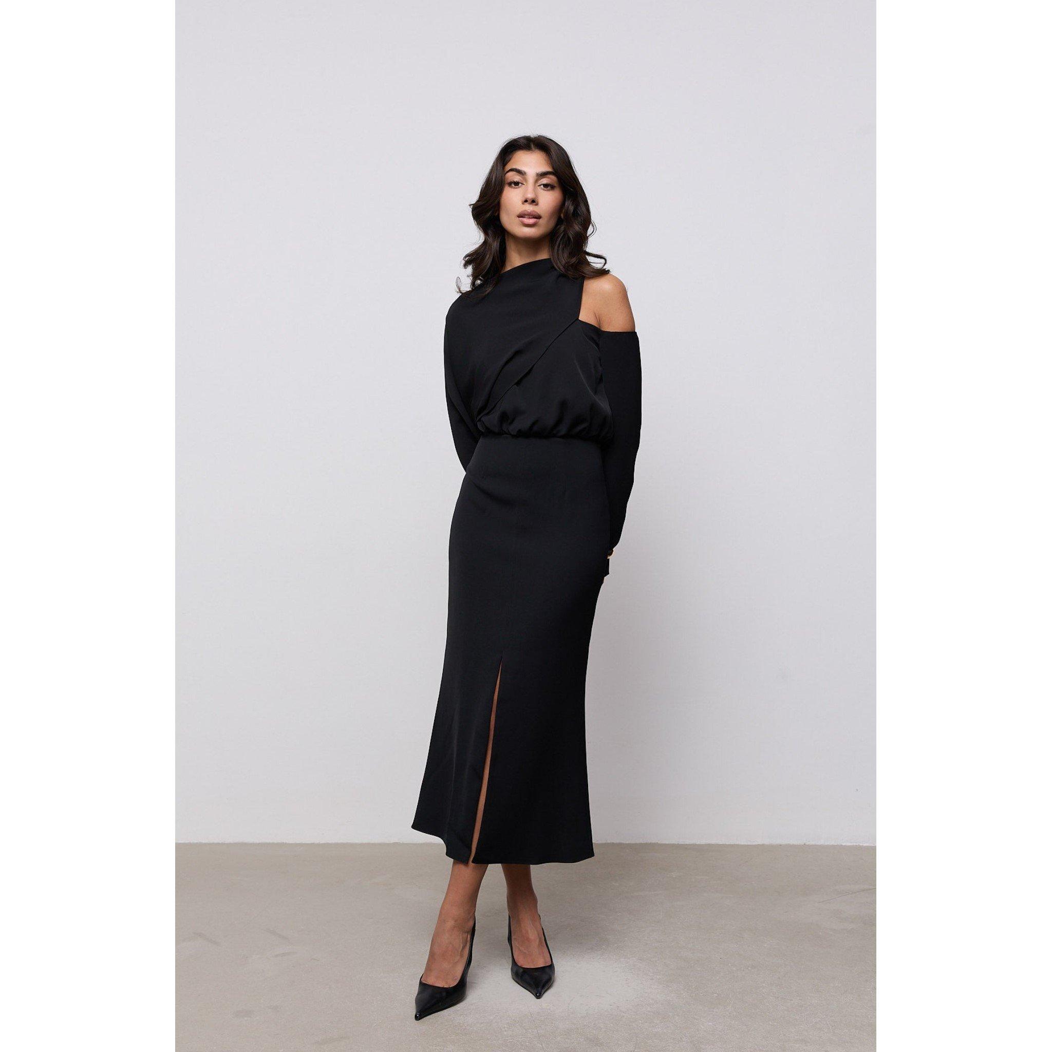 Black - Odd Muse - Odd Muse Draped One Shoulder Midi Dress - 3