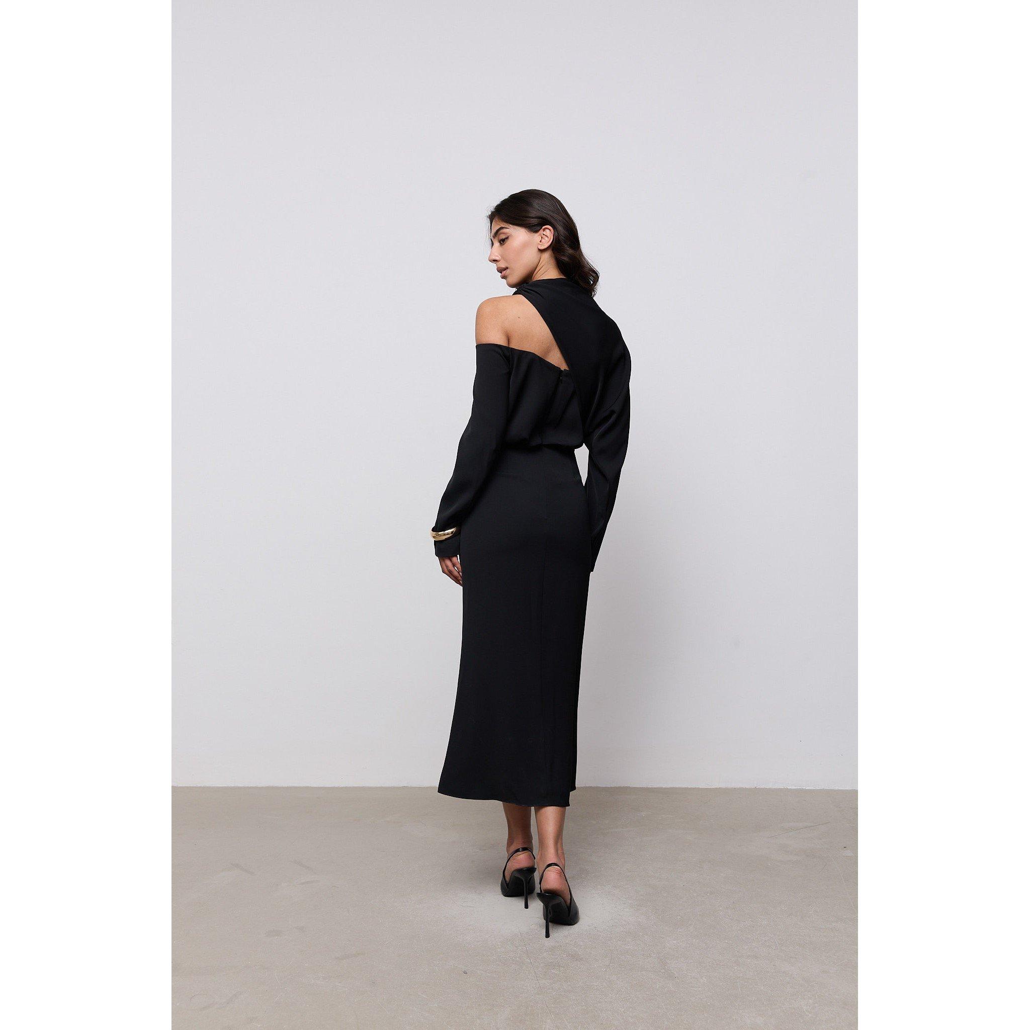 Black - Odd Muse - Odd Muse Draped One Shoulder Midi Dress - 4