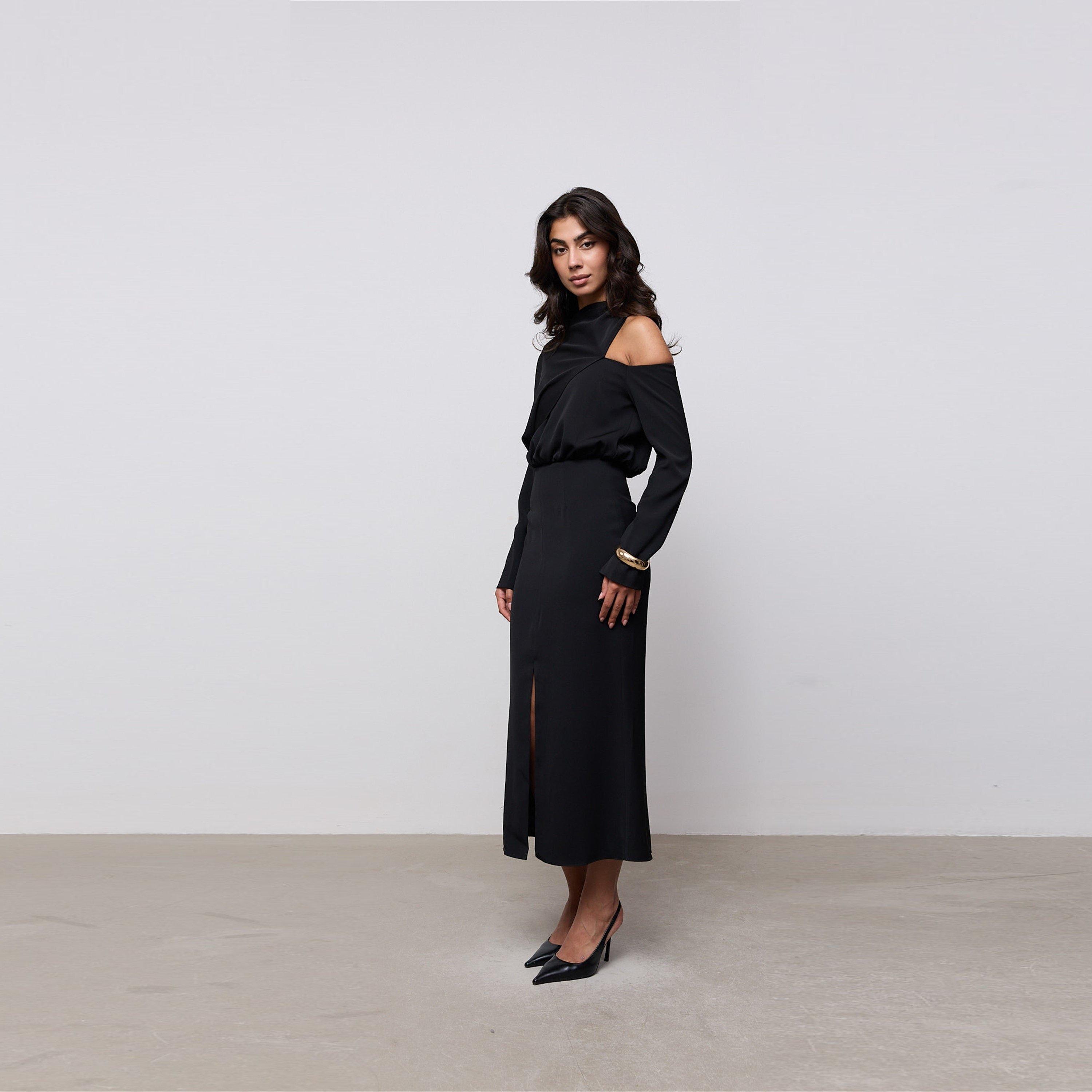 Black - Odd Muse - Odd Muse Draped One Shoulder Midi Dress - 5