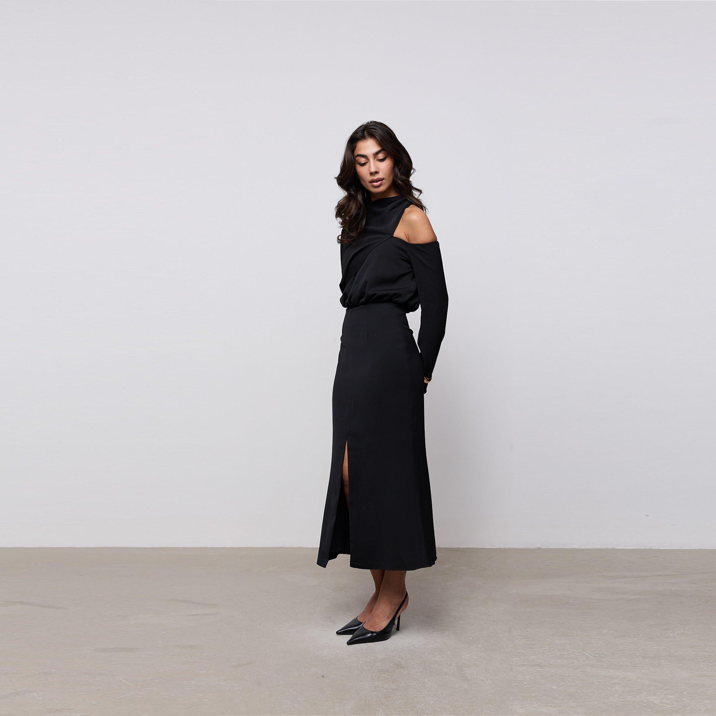 Black - Odd Muse - Odd Muse Draped One Shoulder Midi Dress - 6