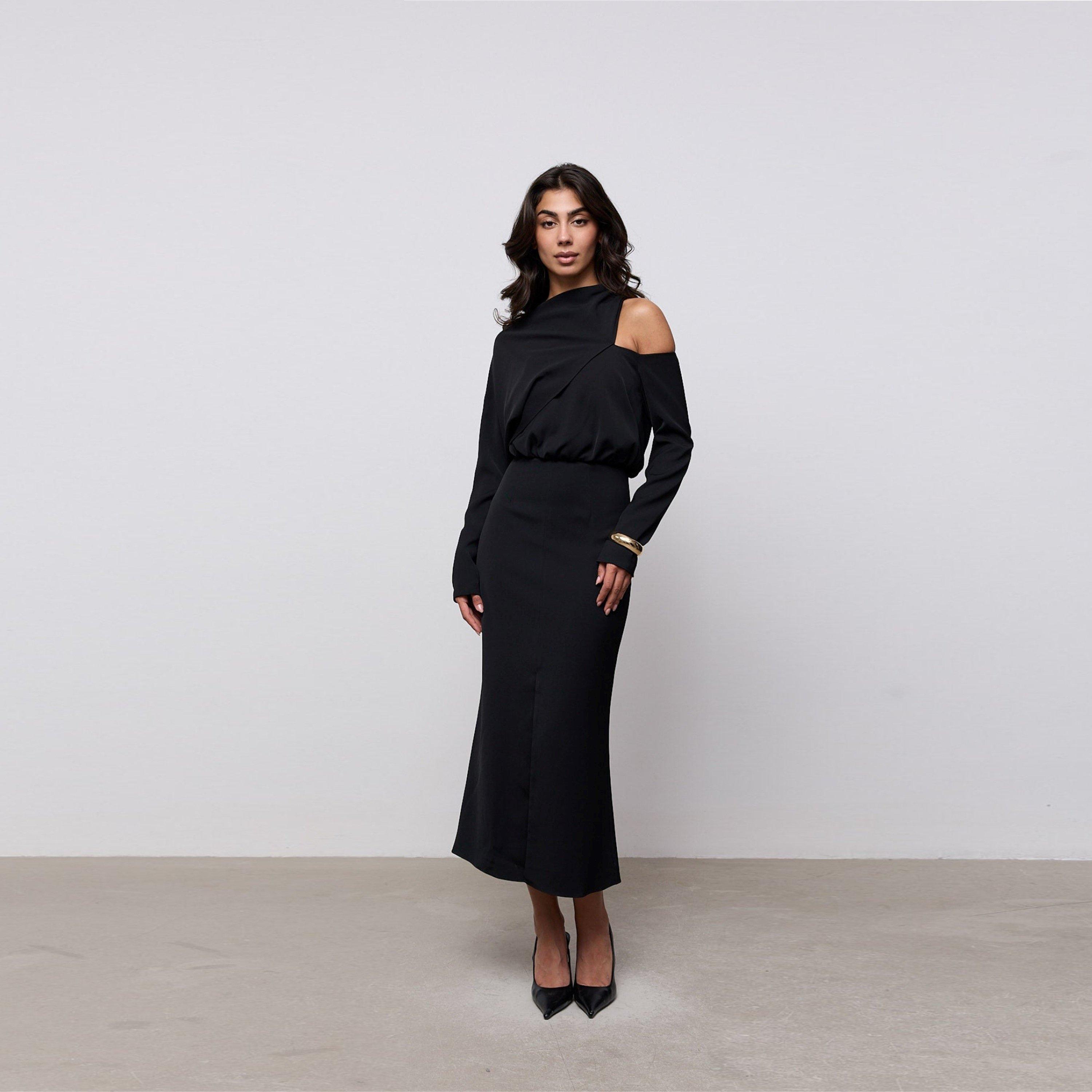 Black - Odd Muse - Odd Muse Draped One Shoulder Midi Dress - 7