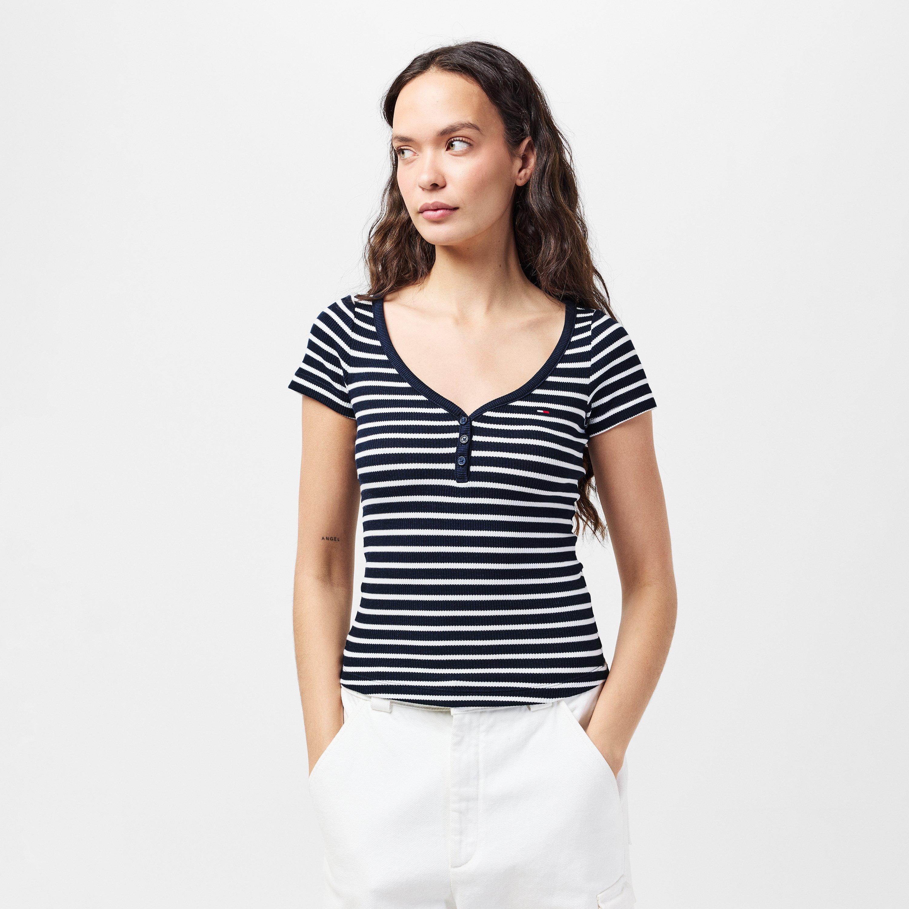 Marine Streifen - Tommy Jeans - Women&#x27;s Waffle V-Neck Slim Fit T-Shirt - 3