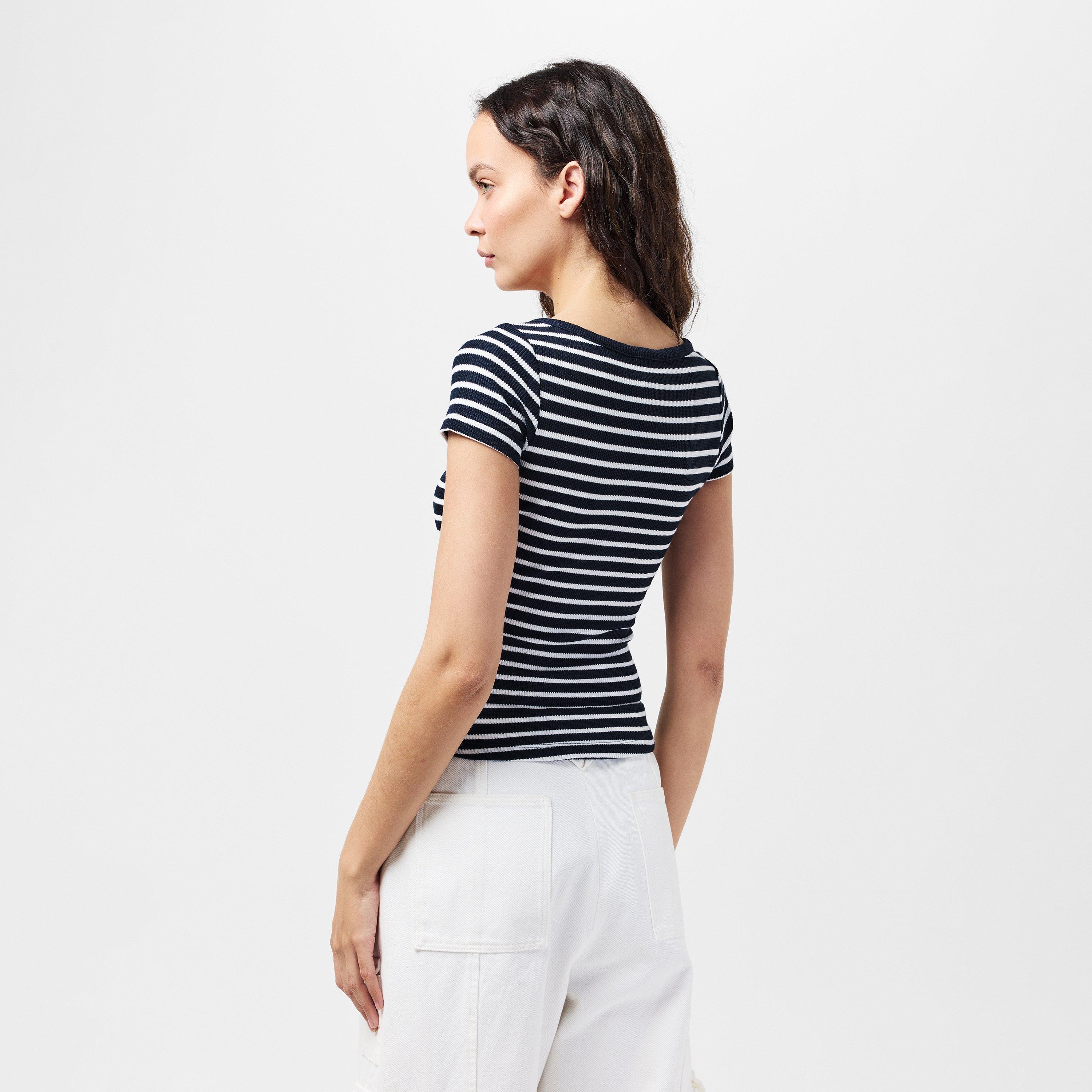 Marine Streifen - Tommy Jeans - Women&#x27;s Waffle V-Neck Slim Fit T-Shirt - 4