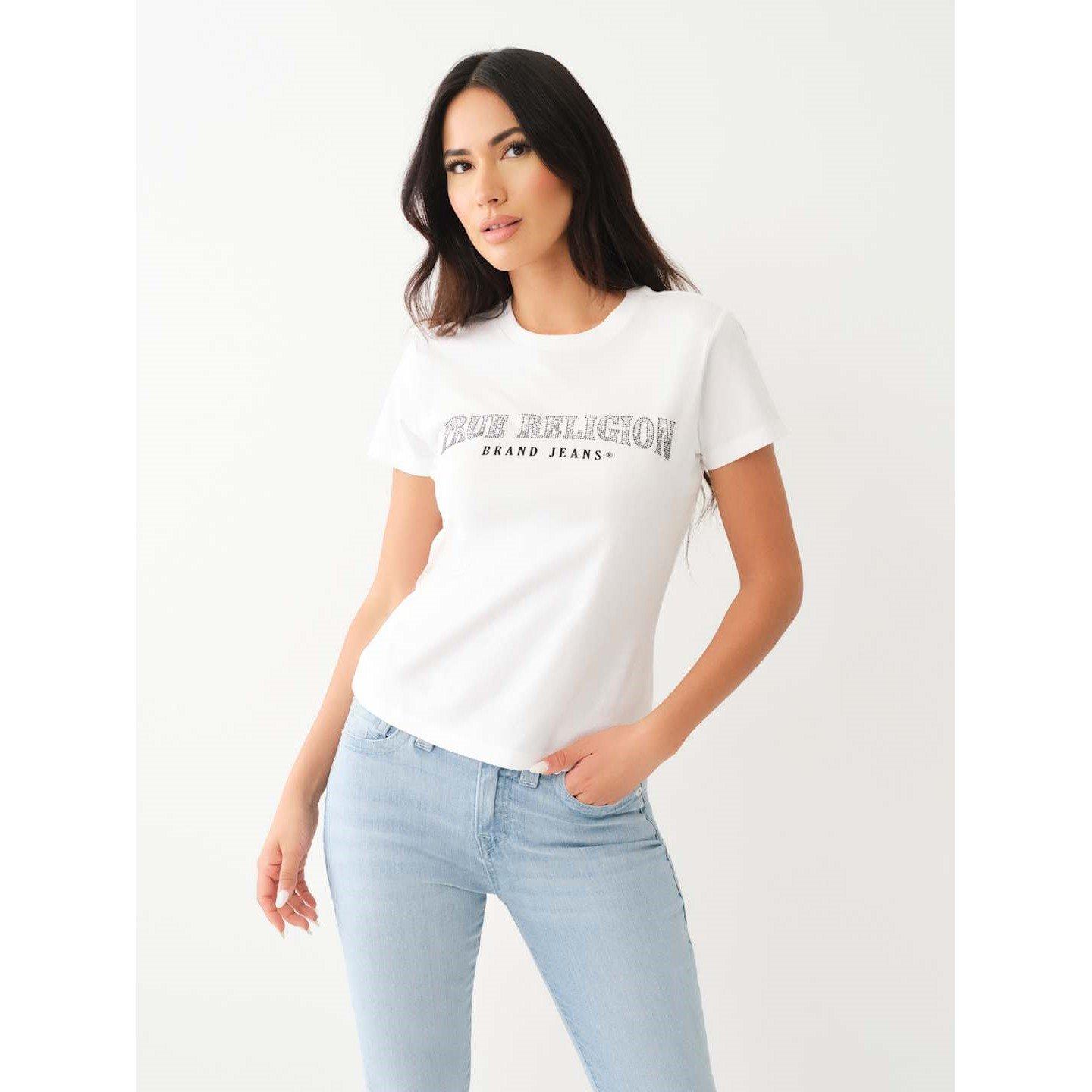 Optic White - True Religion - Women's Slim Crew Neck Logo Short Sleeve T-Shirt - 1