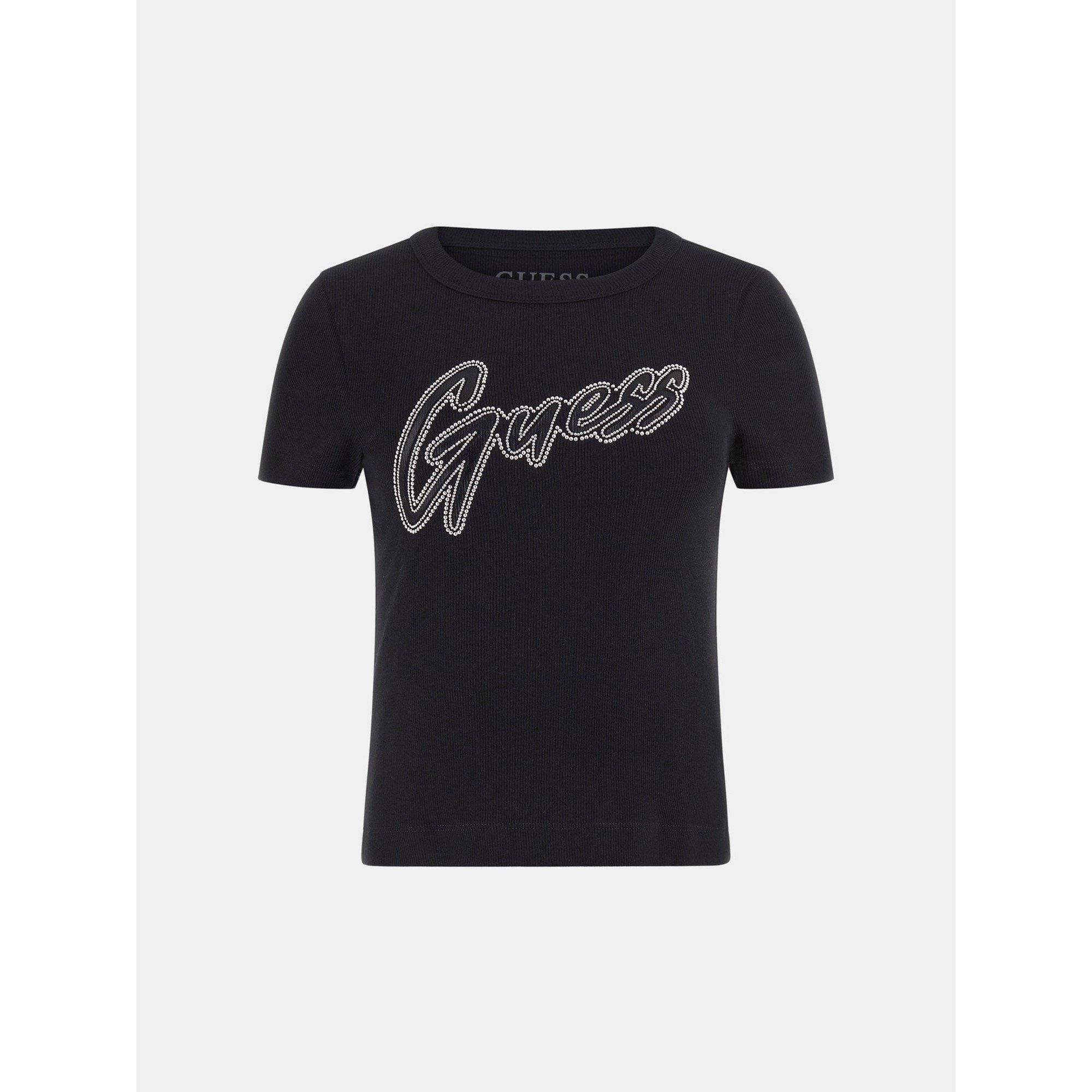 Guess Women's Short-Sleeve Rib Logo Slim Fit T-Shirt - Jet Black - 12 (M)