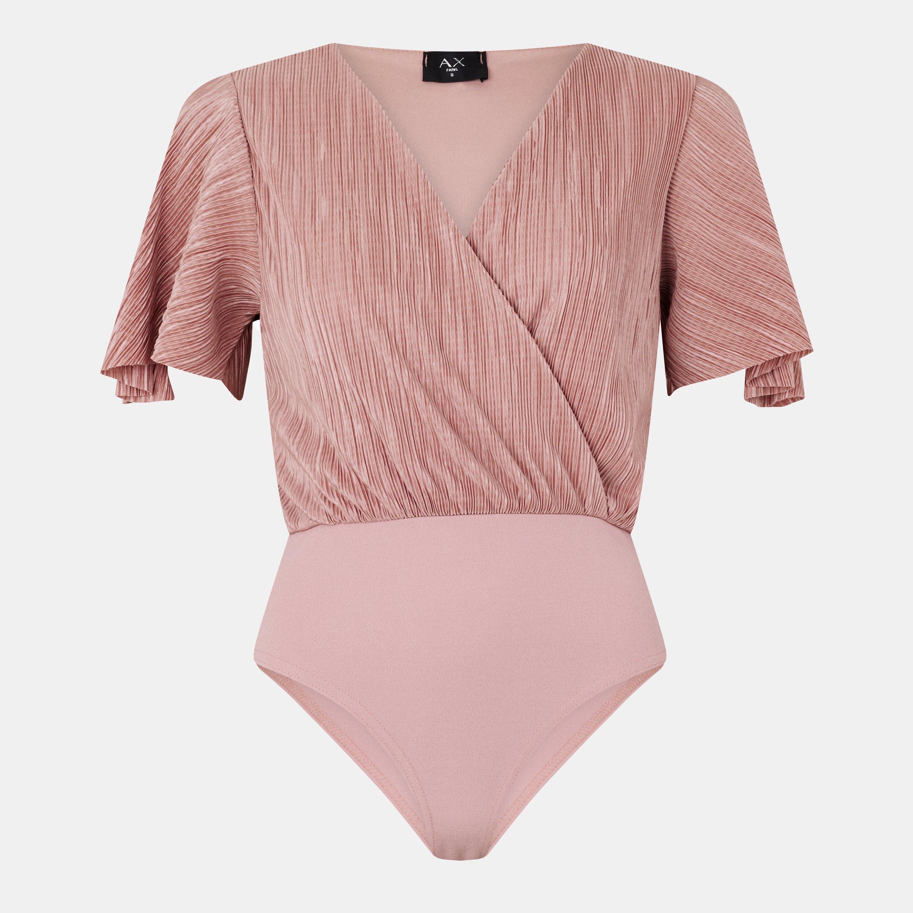 Gold - AX Paris - Champagne Wrap Top Butterfly Sleeve Plisse Bodysuit - 1