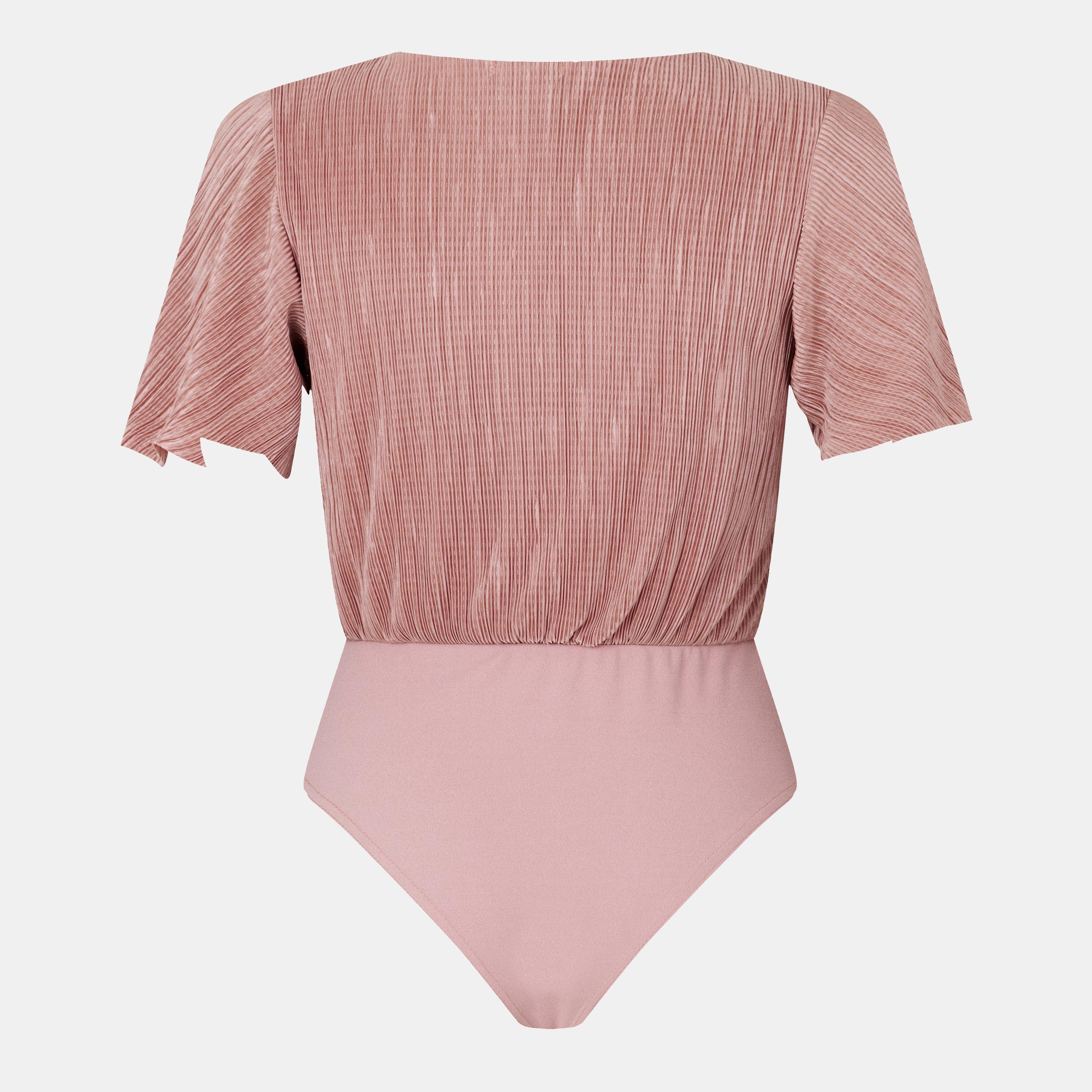 Gold - AX Paris - Champagne Wrap Top Butterfly Sleeve Plisse Bodysuit - 2