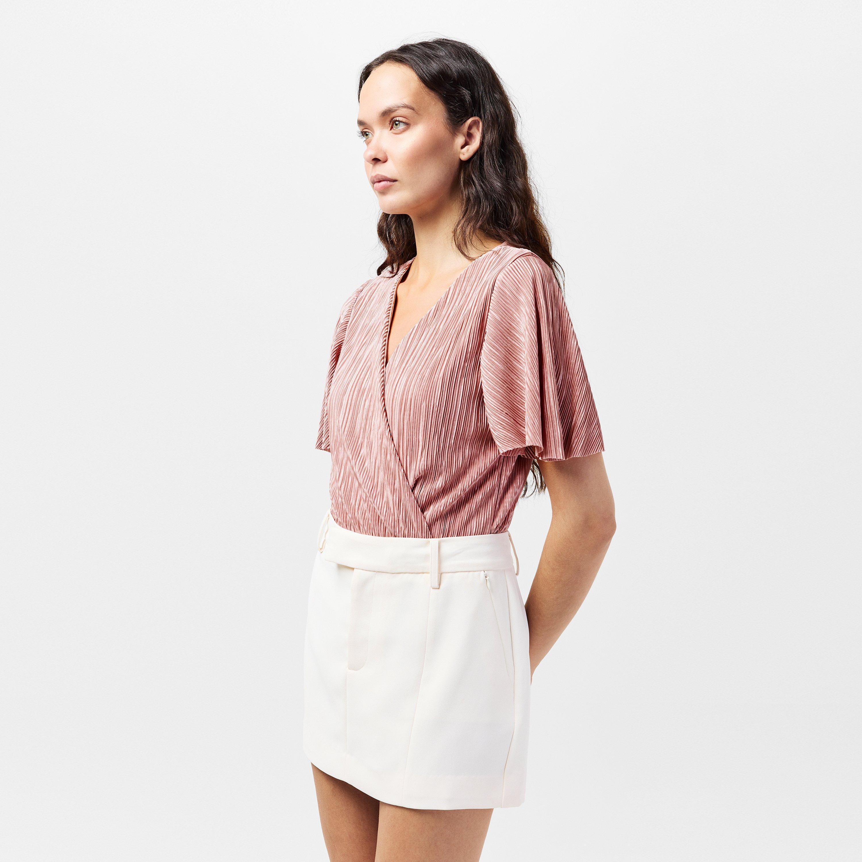 Gold - AX Paris - Champagne Wrap Top Butterfly Sleeve Plisse Bodysuit - 3