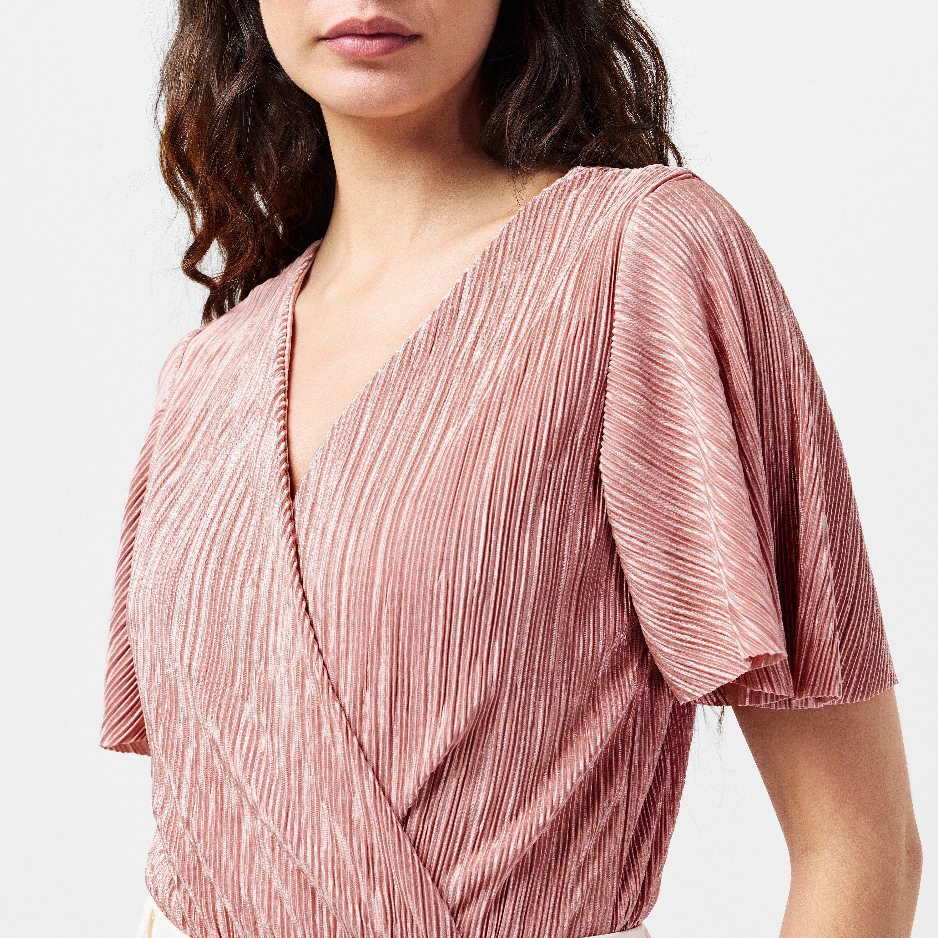 Gold - AX Paris - Champagne Wrap Top Butterfly Sleeve Plisse Bodysuit - 5