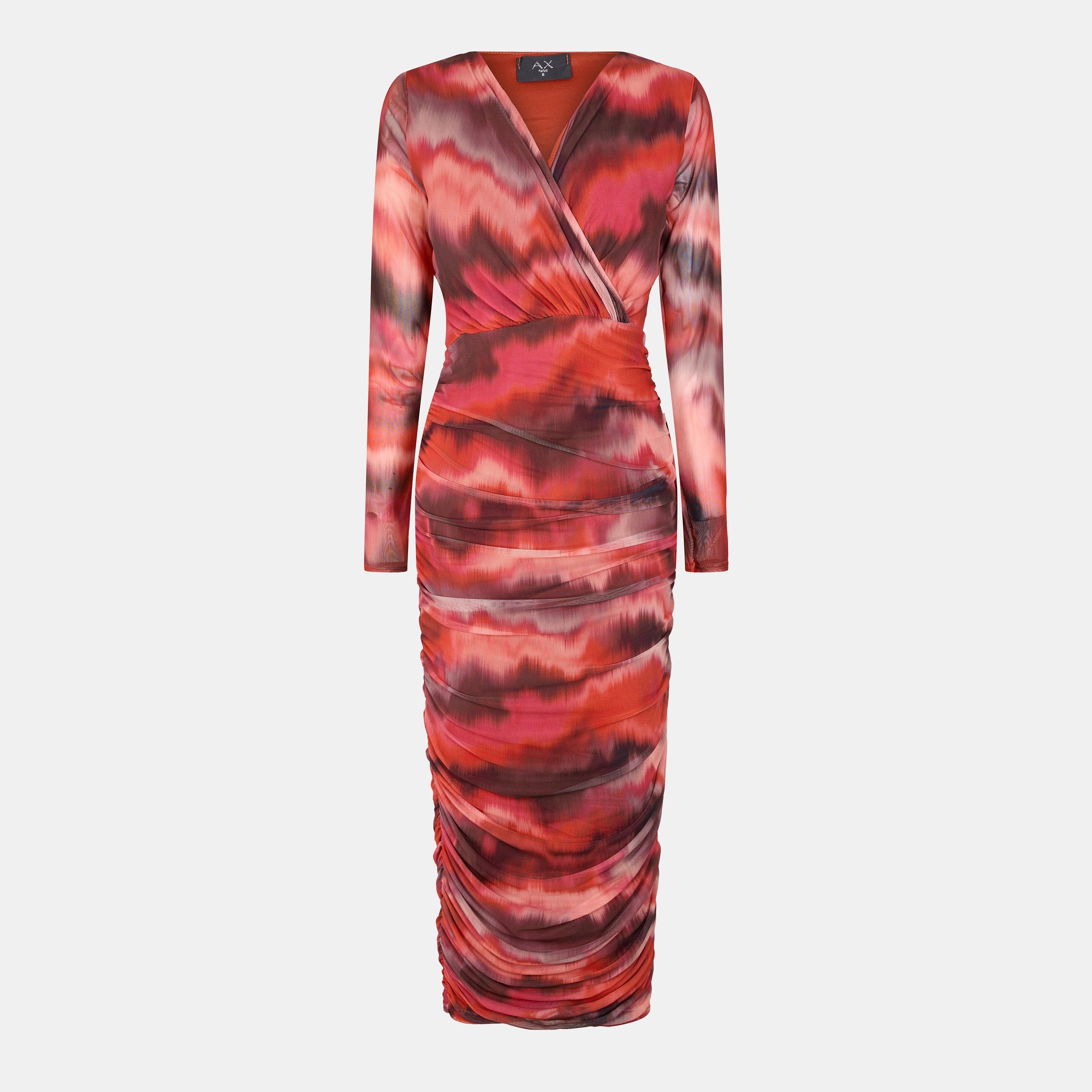 Multi - AX Paris - Rust Printed Wrap Top Mesh Long Sleeve Bodycon Midi Dress - 1