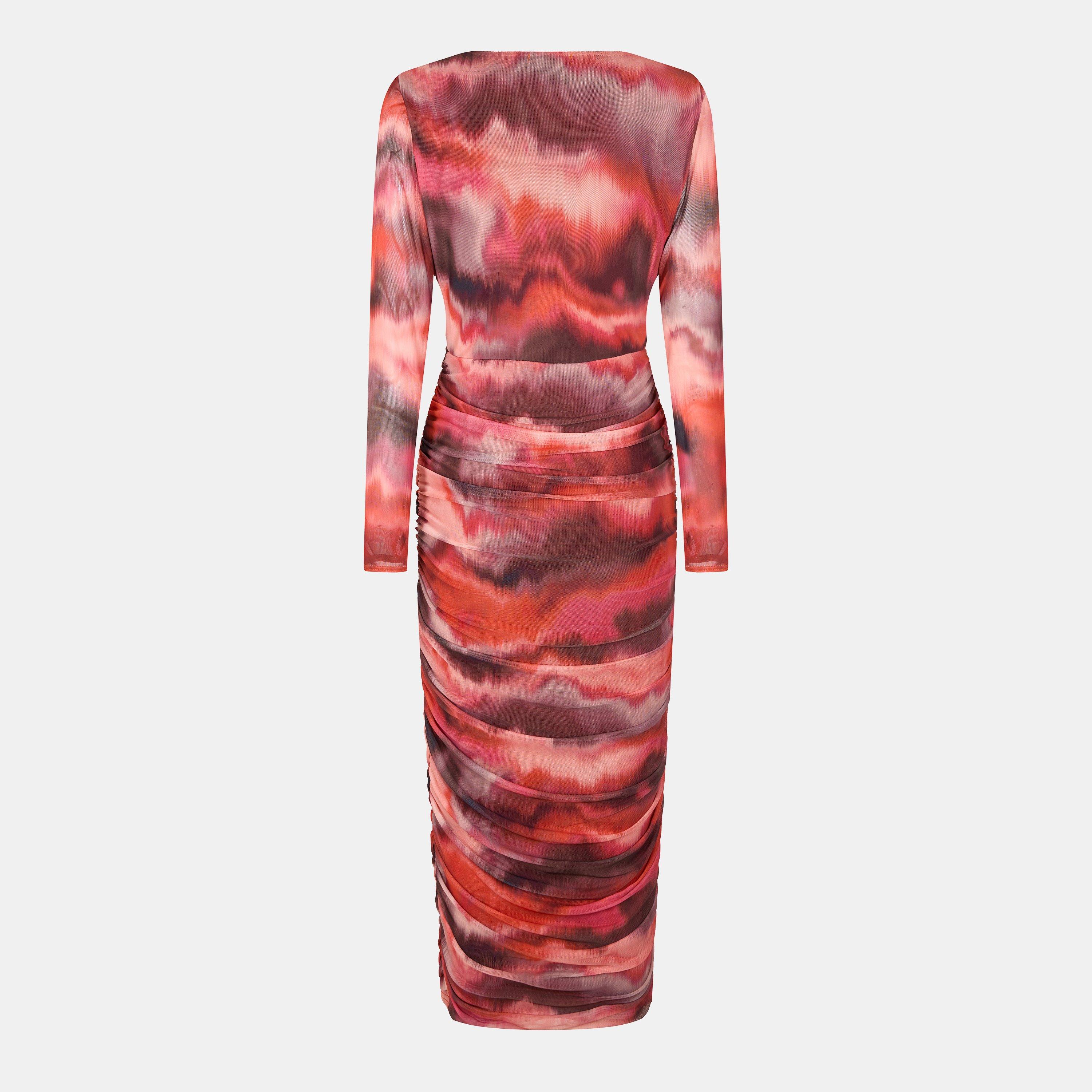 Multi - AX Paris - Rust Printed Wrap Top Mesh Long Sleeve Bodycon Midi Dress - 2