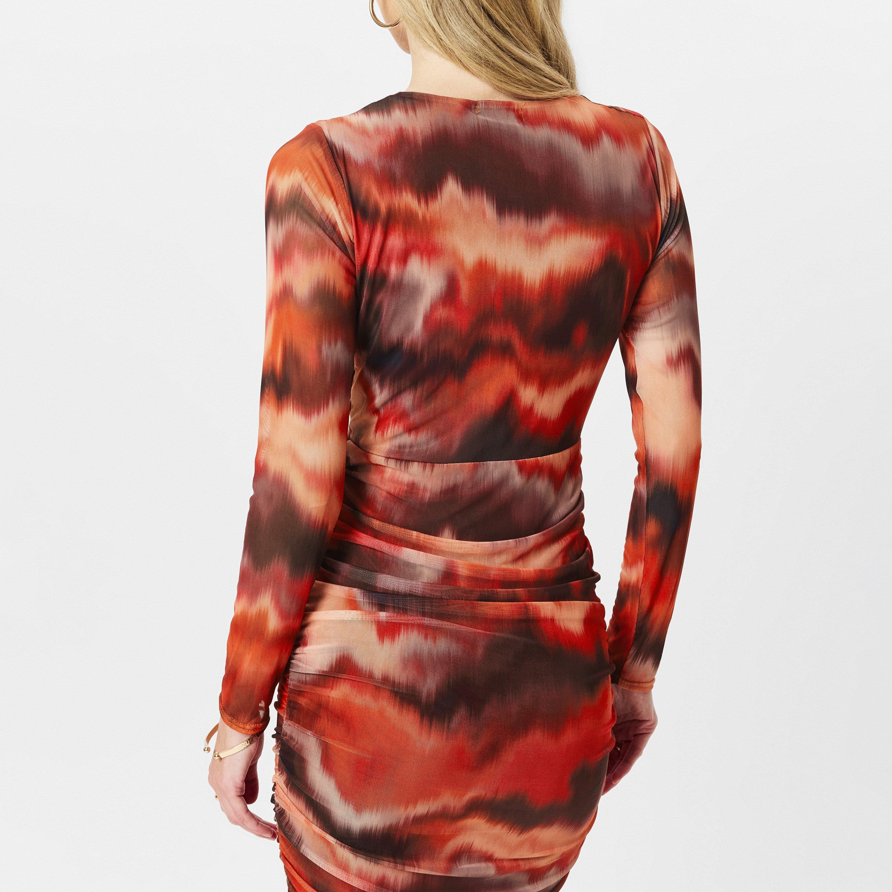 Multi - AX Paris - Rust Printed Wrap Top Mesh Long Sleeve Bodycon Midi Dress - 4