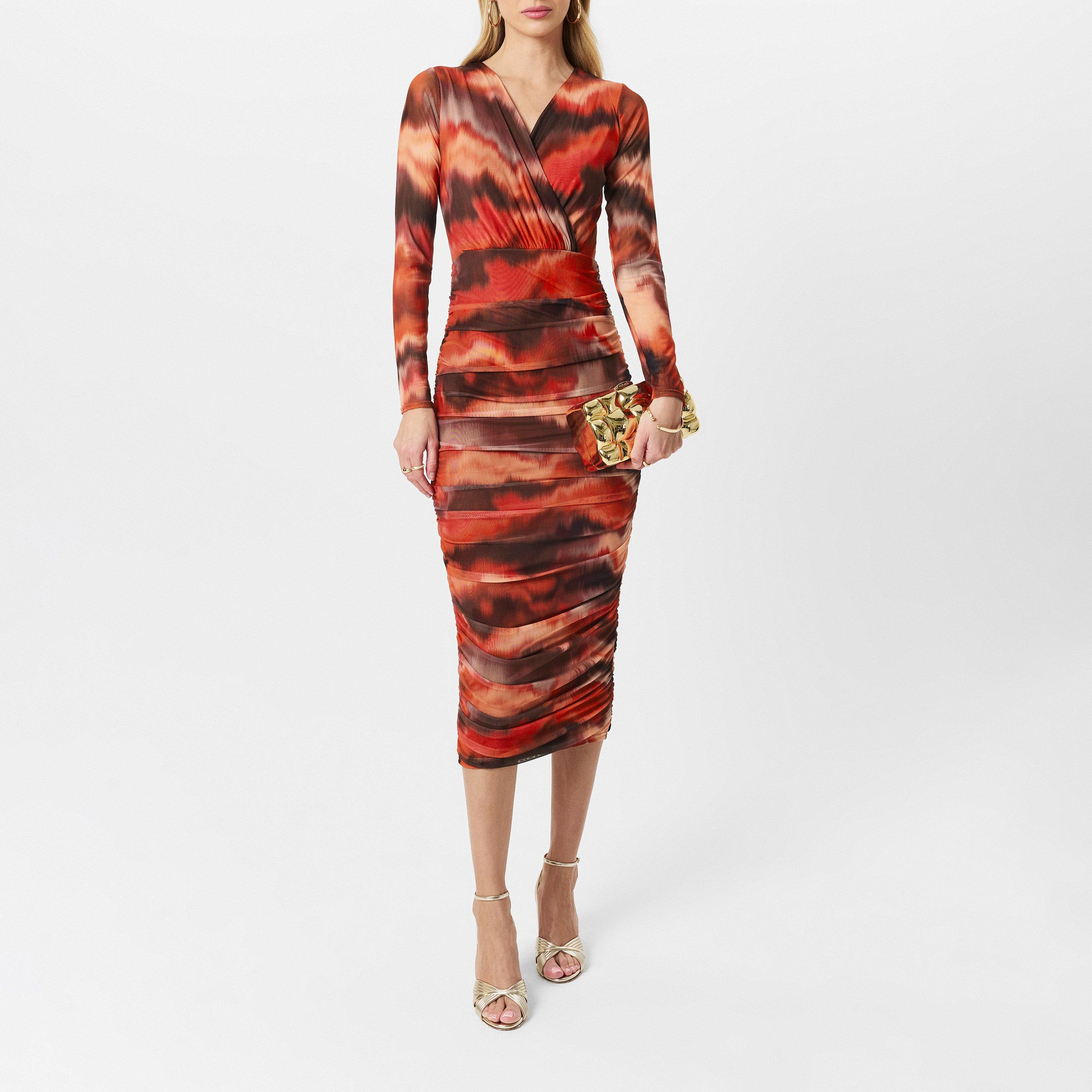 Multi - AX Paris - Rust Printed Wrap Top Mesh Long Sleeve Bodycon Midi Dress - 6