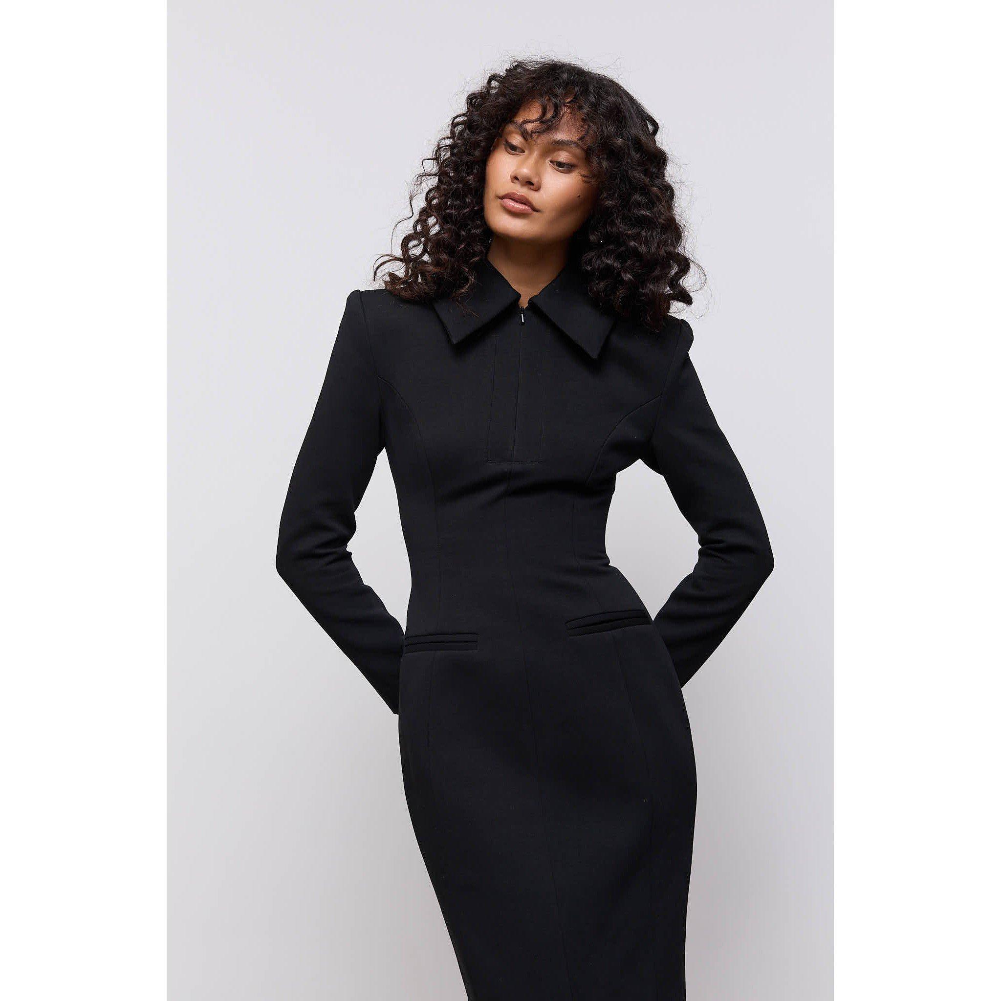 Black - Odd Muse - Odd Muse Zip Detail Midi Dress - 2
