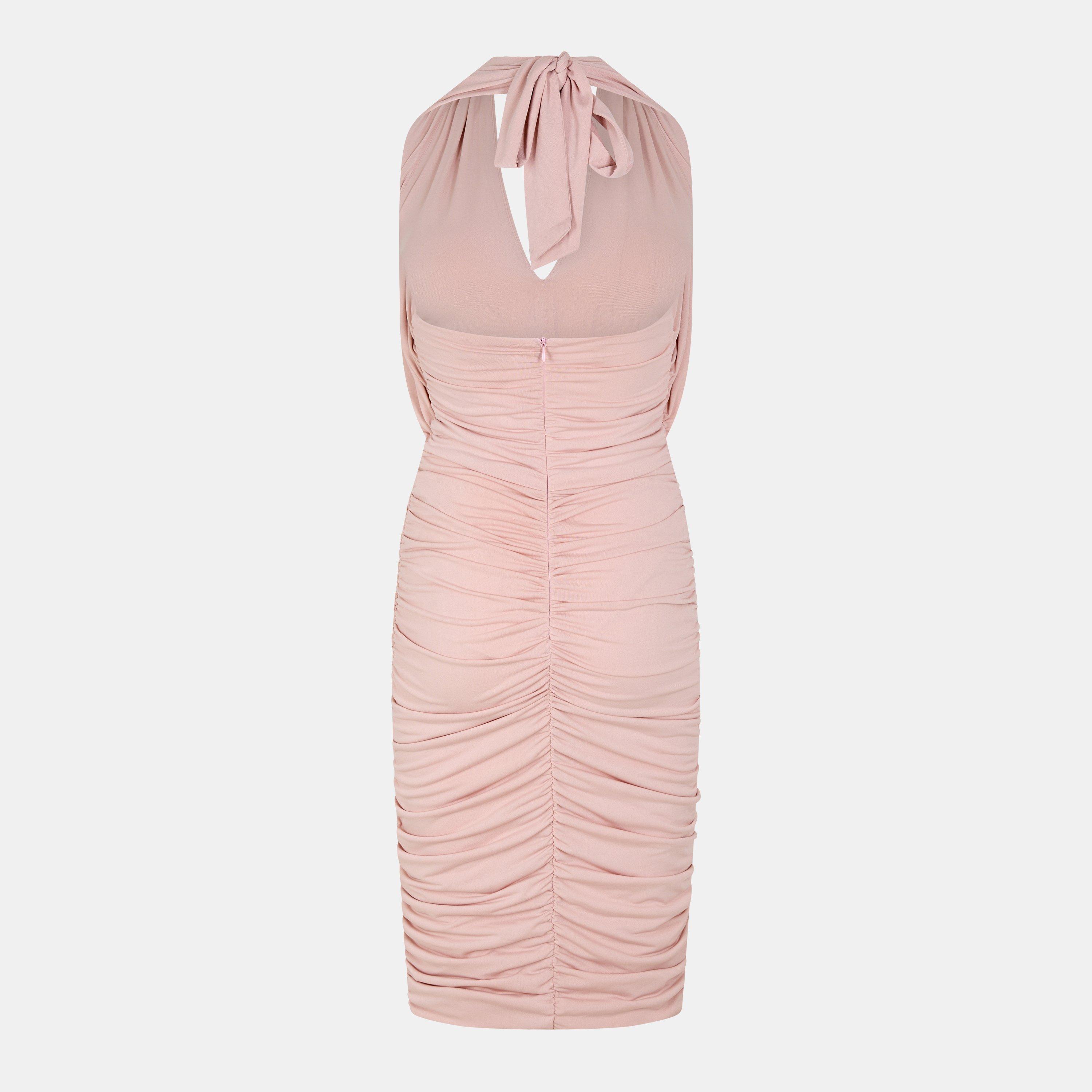 Nude - AX Paris - Nude Halter Tie Neck Ruched Midi Bodycon Dress - 2