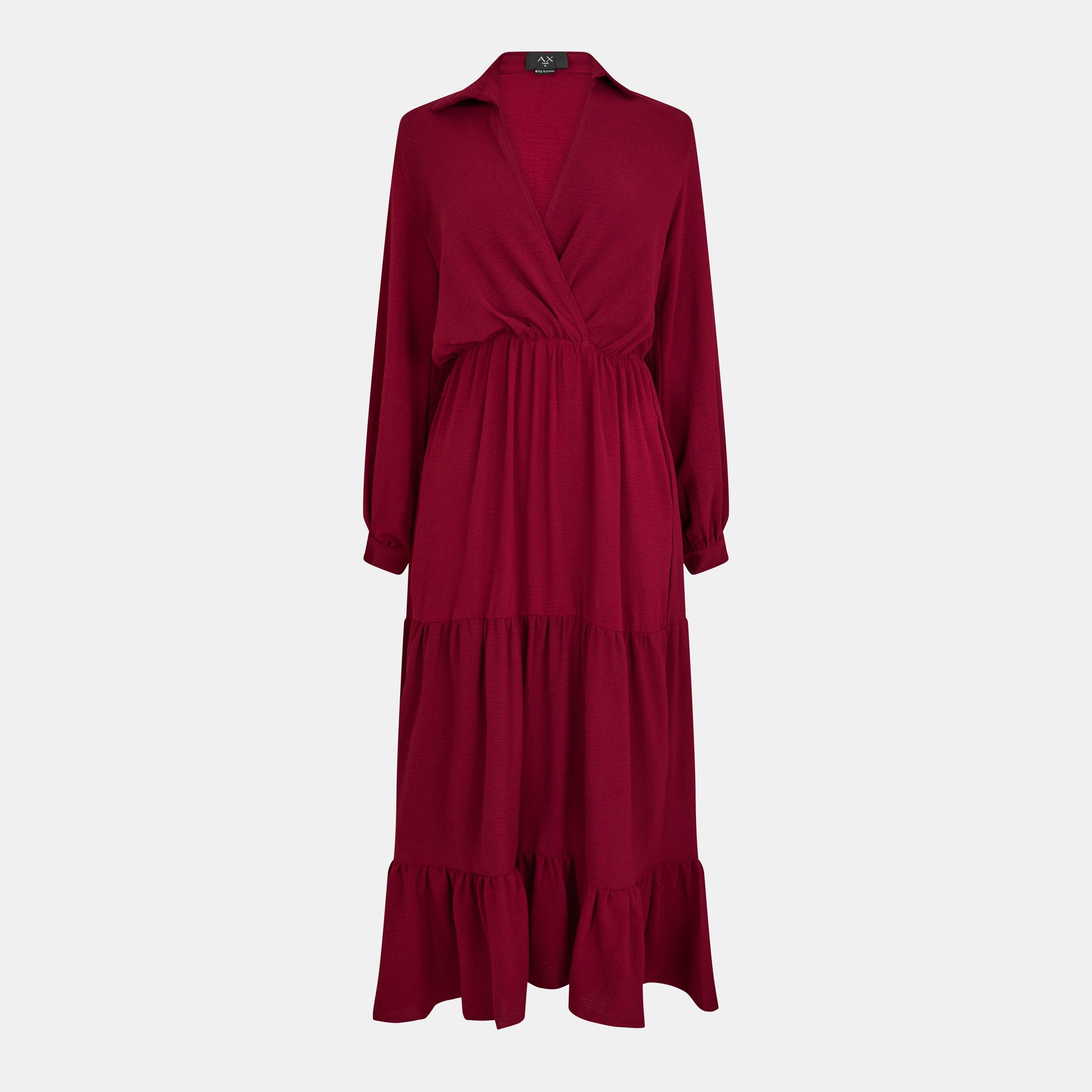 Red - AX Paris - Wine Long Sleeve Wrap Top Smock Midi Dress - 1