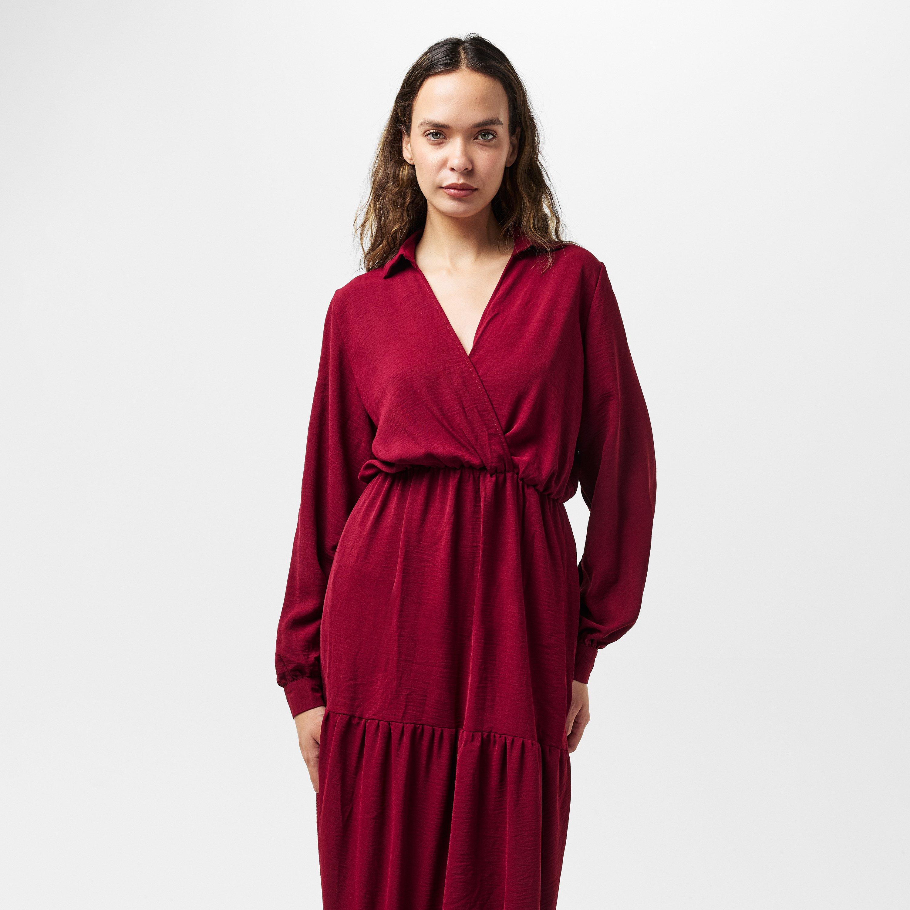 Red - AX Paris - Wine Long Sleeve Wrap Top Smock Midi Dress - 3
