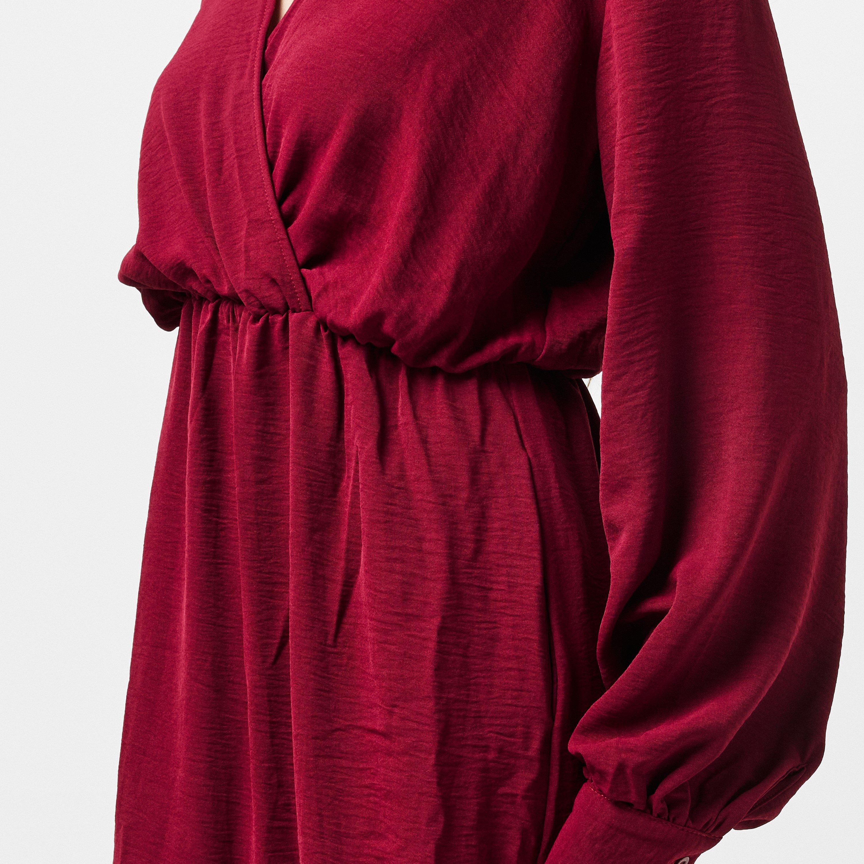 Red - AX Paris - Wine Long Sleeve Wrap Top Smock Midi Dress - 5