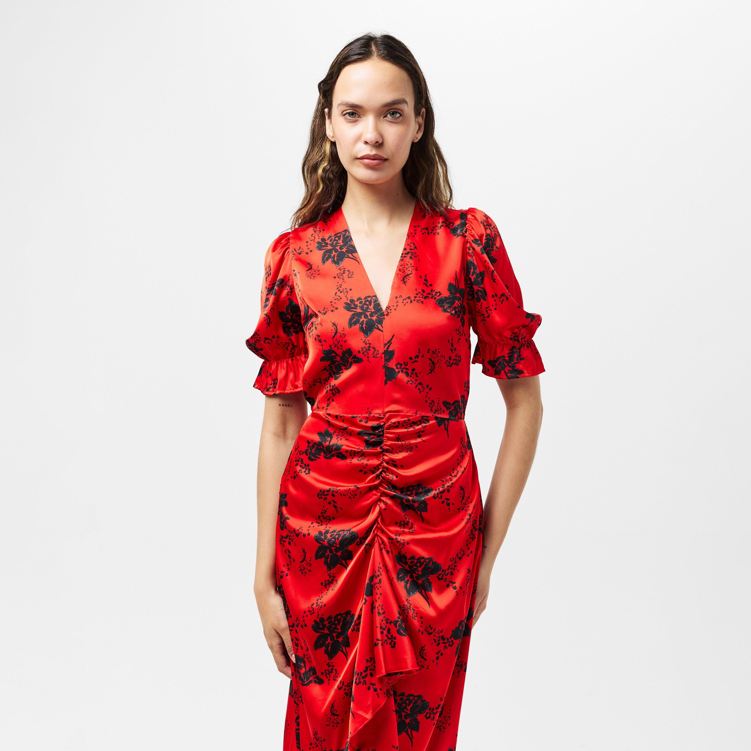 Red - AX Paris - Red And Black Printed Frill Front Midi Dress - 3