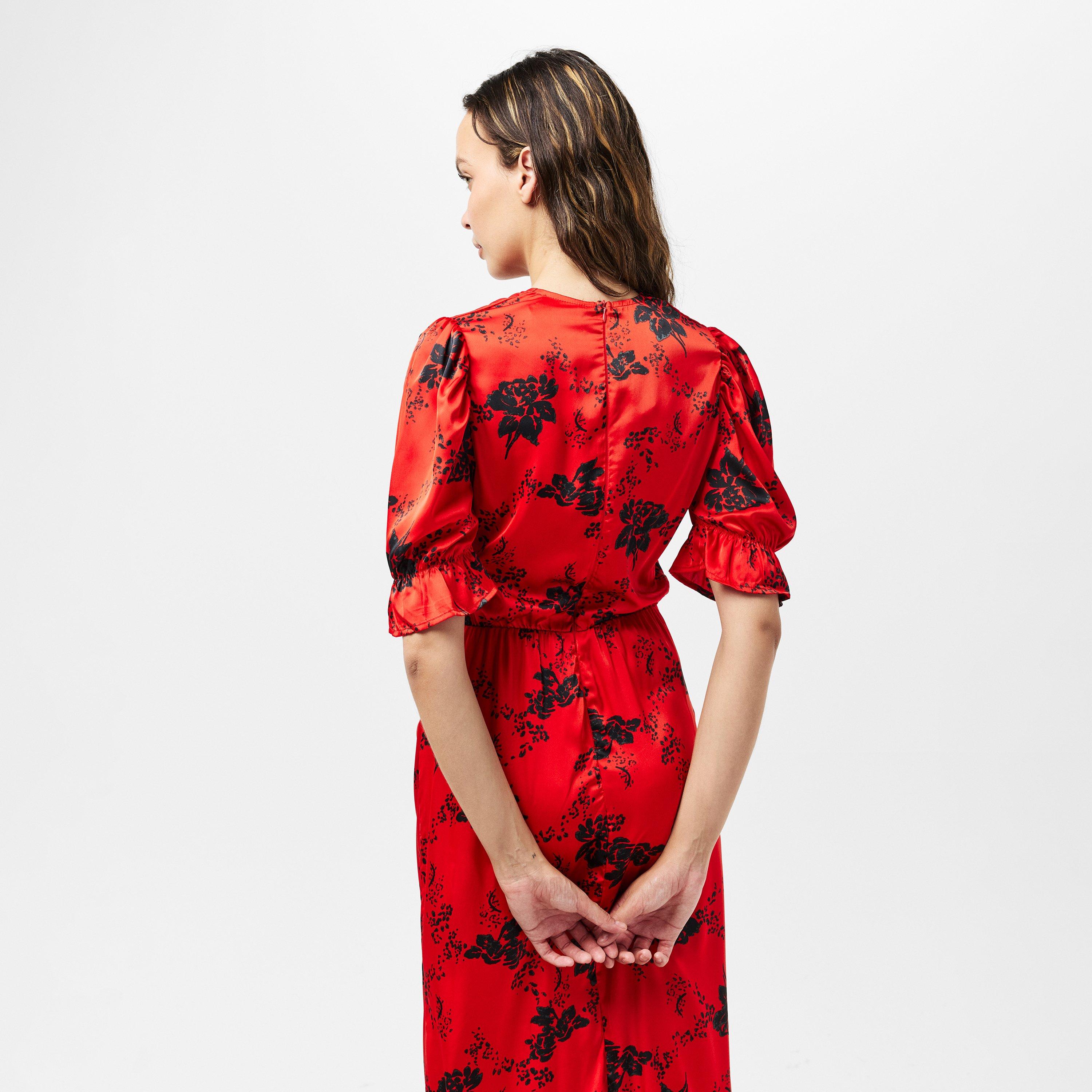 Red - AX Paris - Red And Black Printed Frill Front Midi Dress - 4