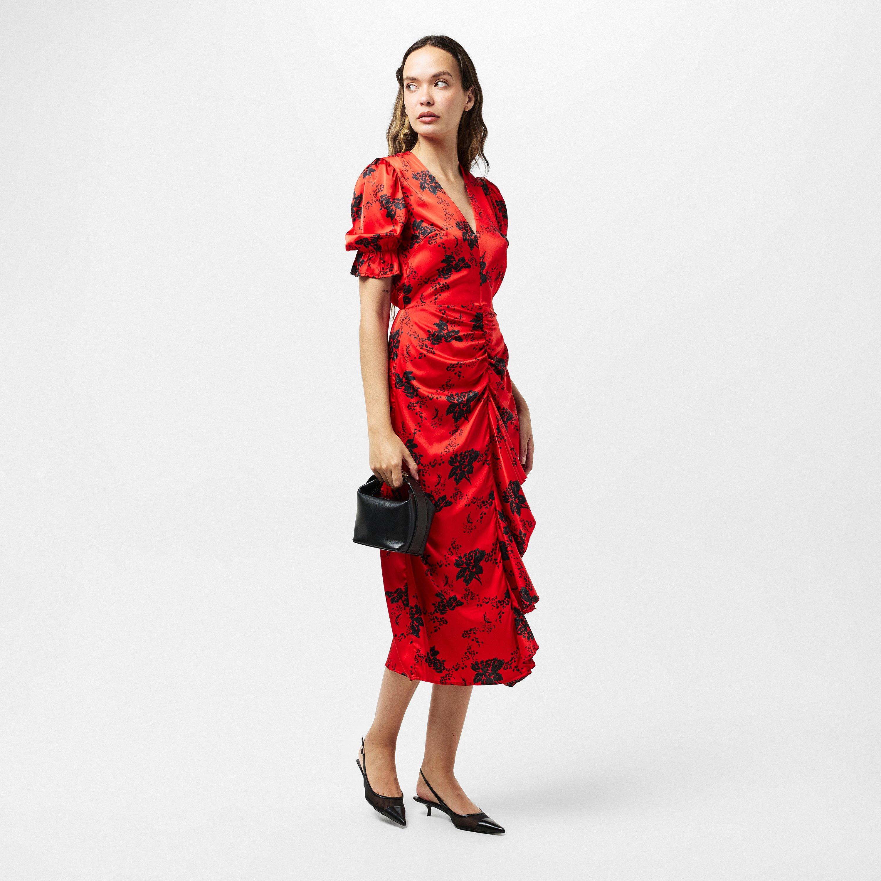 Red - AX Paris - Red And Black Printed Frill Front Midi Dress - 6