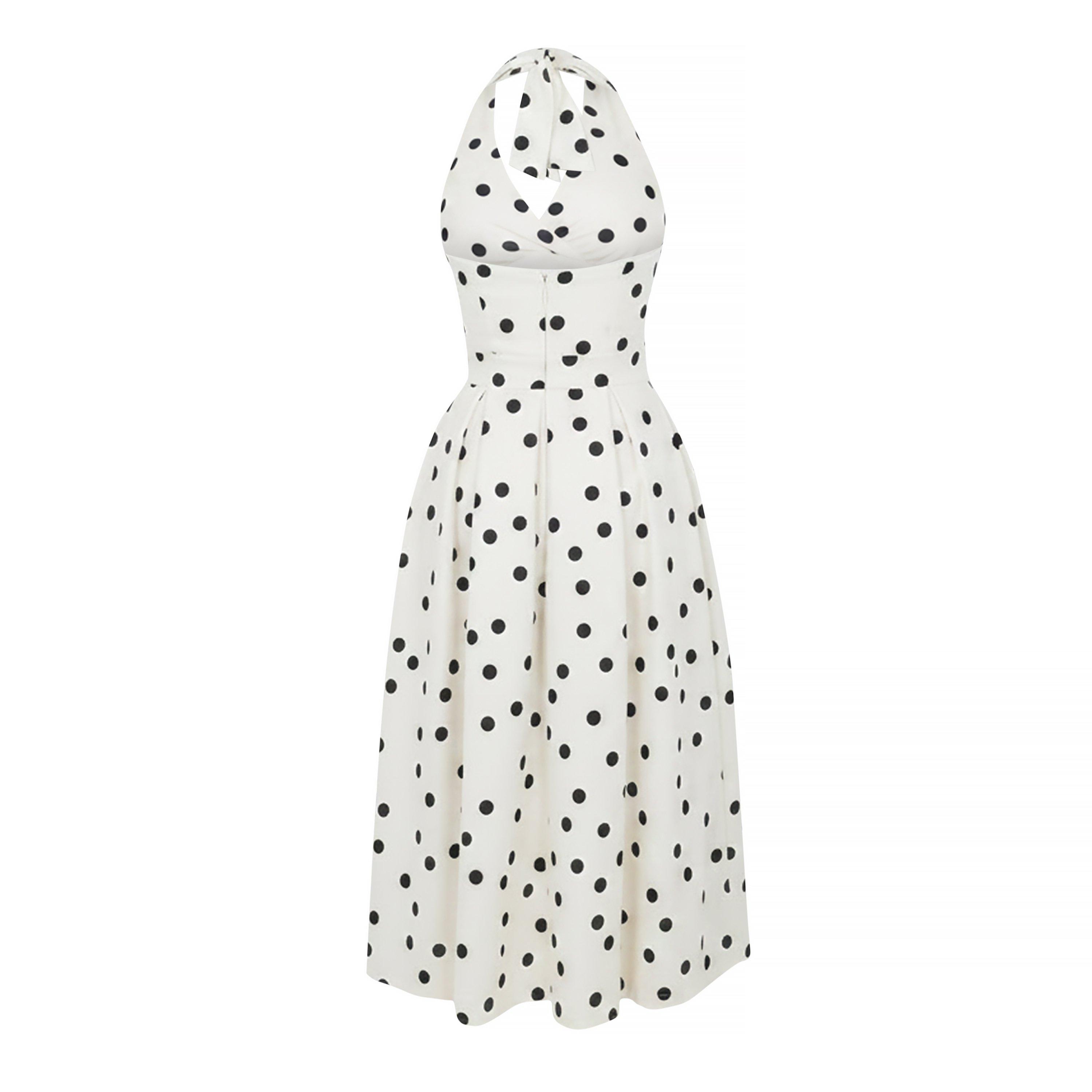 Creme/Preto - AX Paris - Cream And Black Polka Dot Tie Halter Neck Midi Dress - 2