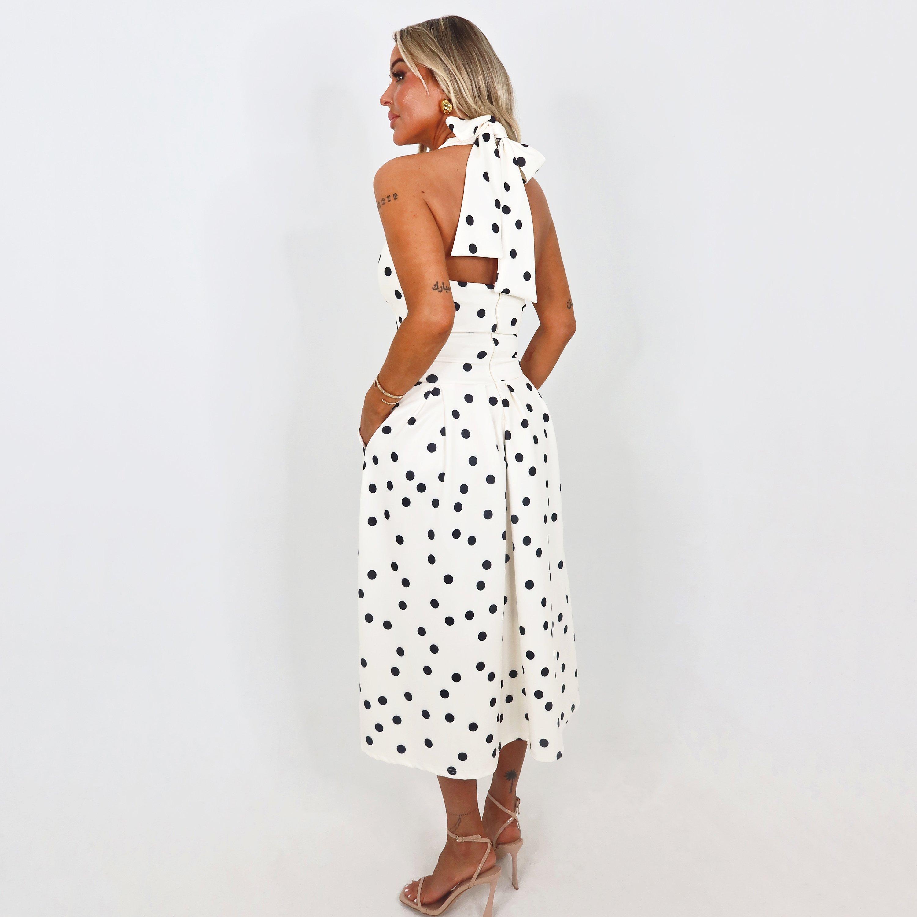 Cream/Black - AX Paris - Cream And Black Polka Dot Tie Halter Neck Midi Dress - 3