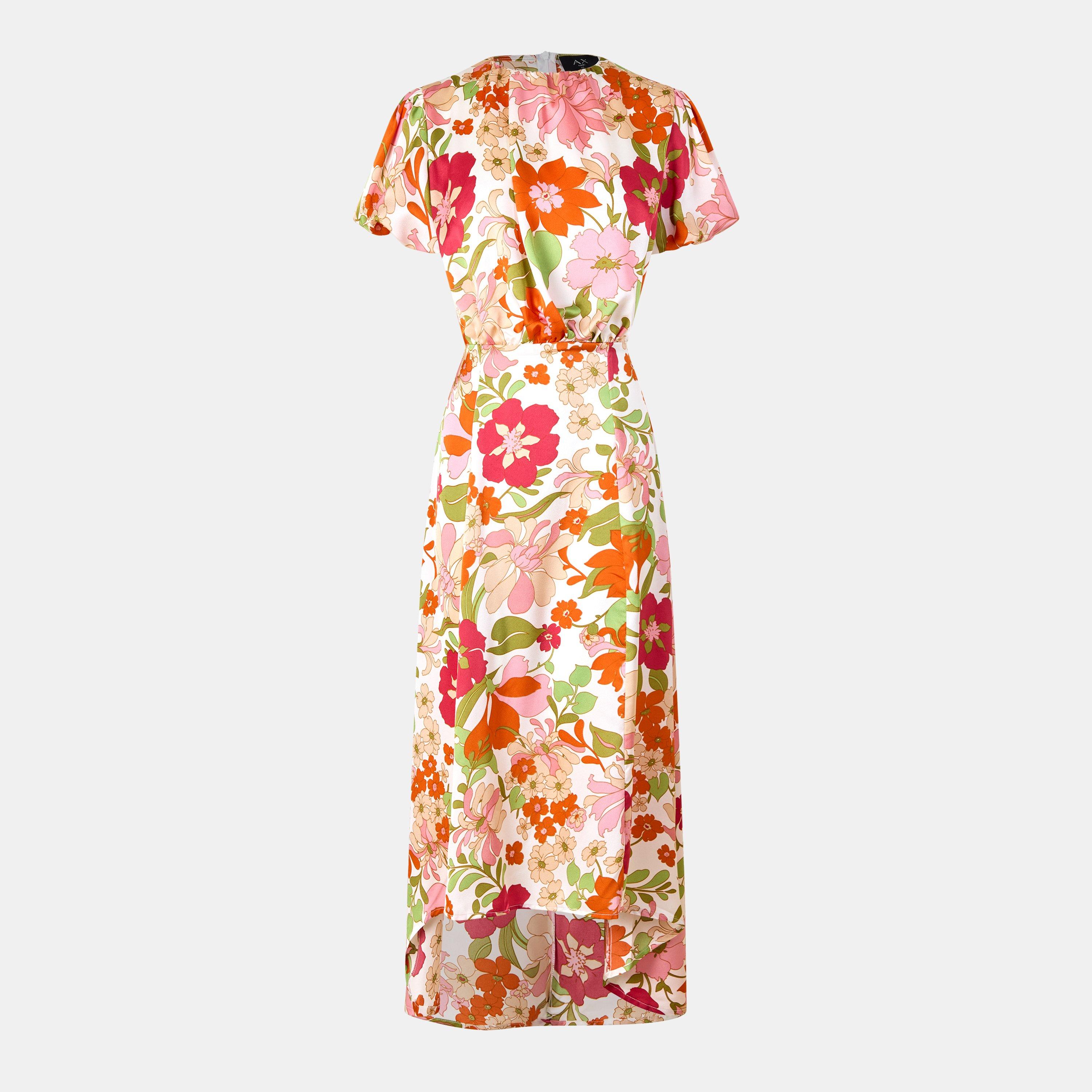 Cream - AX Paris - Cream Floral Printed Puff Sleeve Tie Waist Midi Dress - 1