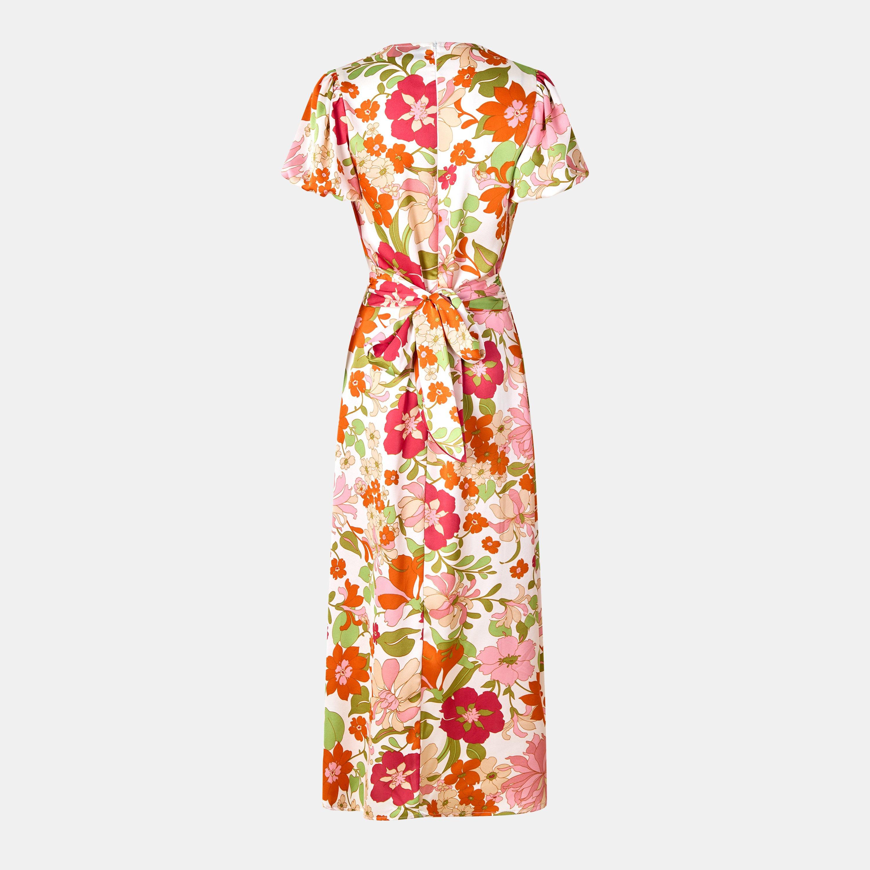 Cream - AX Paris - Cream Floral Printed Puff Sleeve Tie Waist Midi Dress - 2