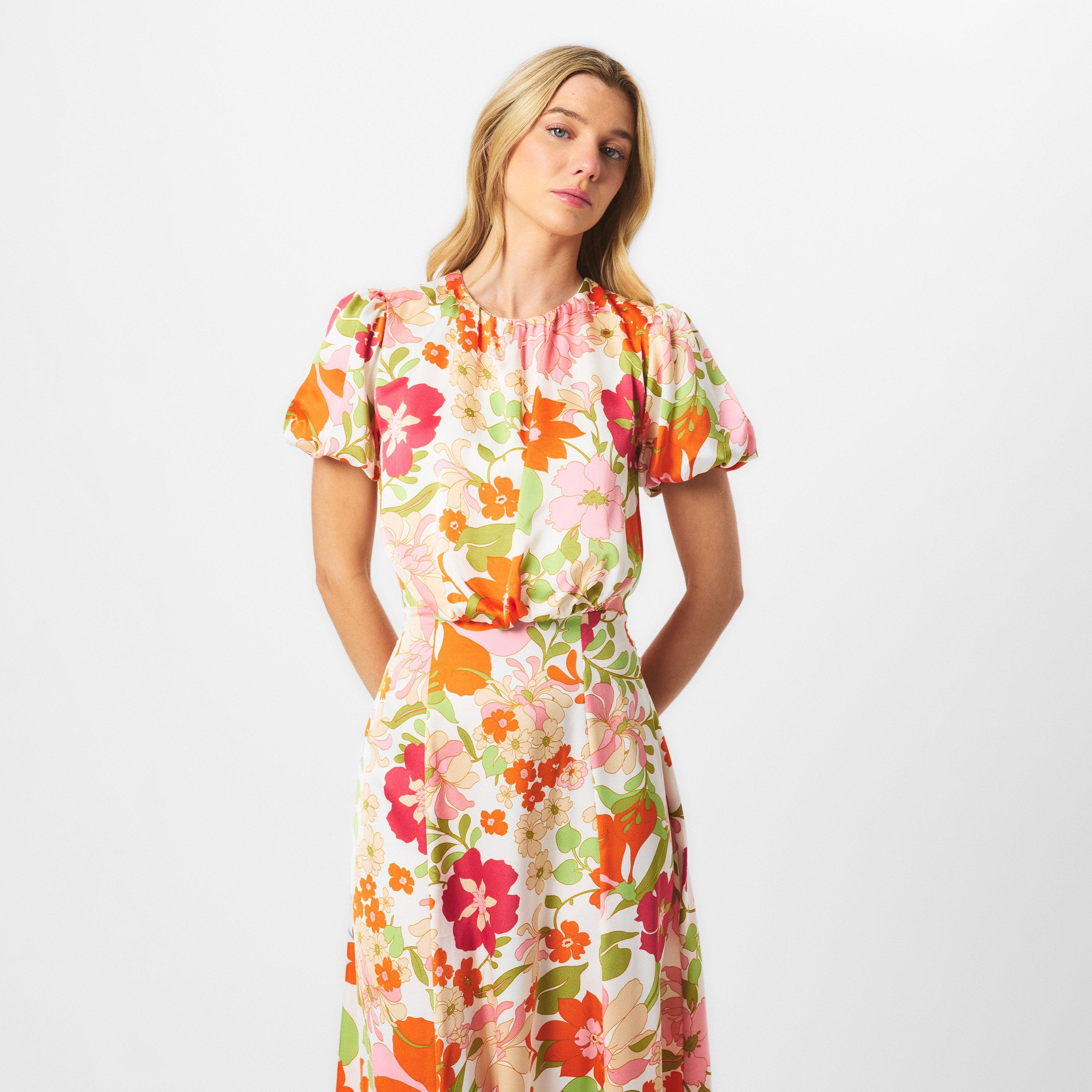 Cream - AX Paris - Cream Floral Printed Puff Sleeve Tie Waist Midi Dress - 3