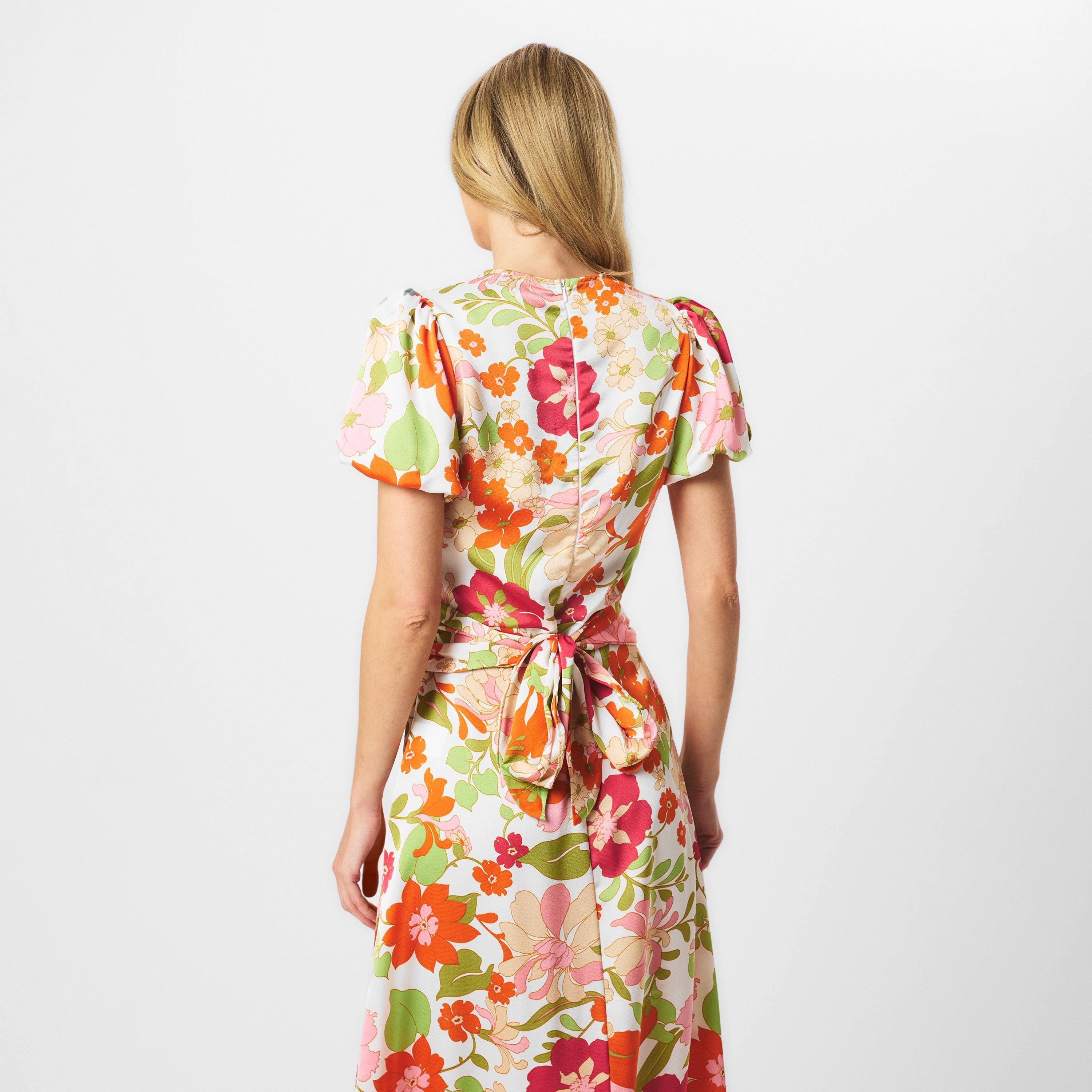 Cream - AX Paris - Cream Floral Printed Puff Sleeve Tie Waist Midi Dress - 4