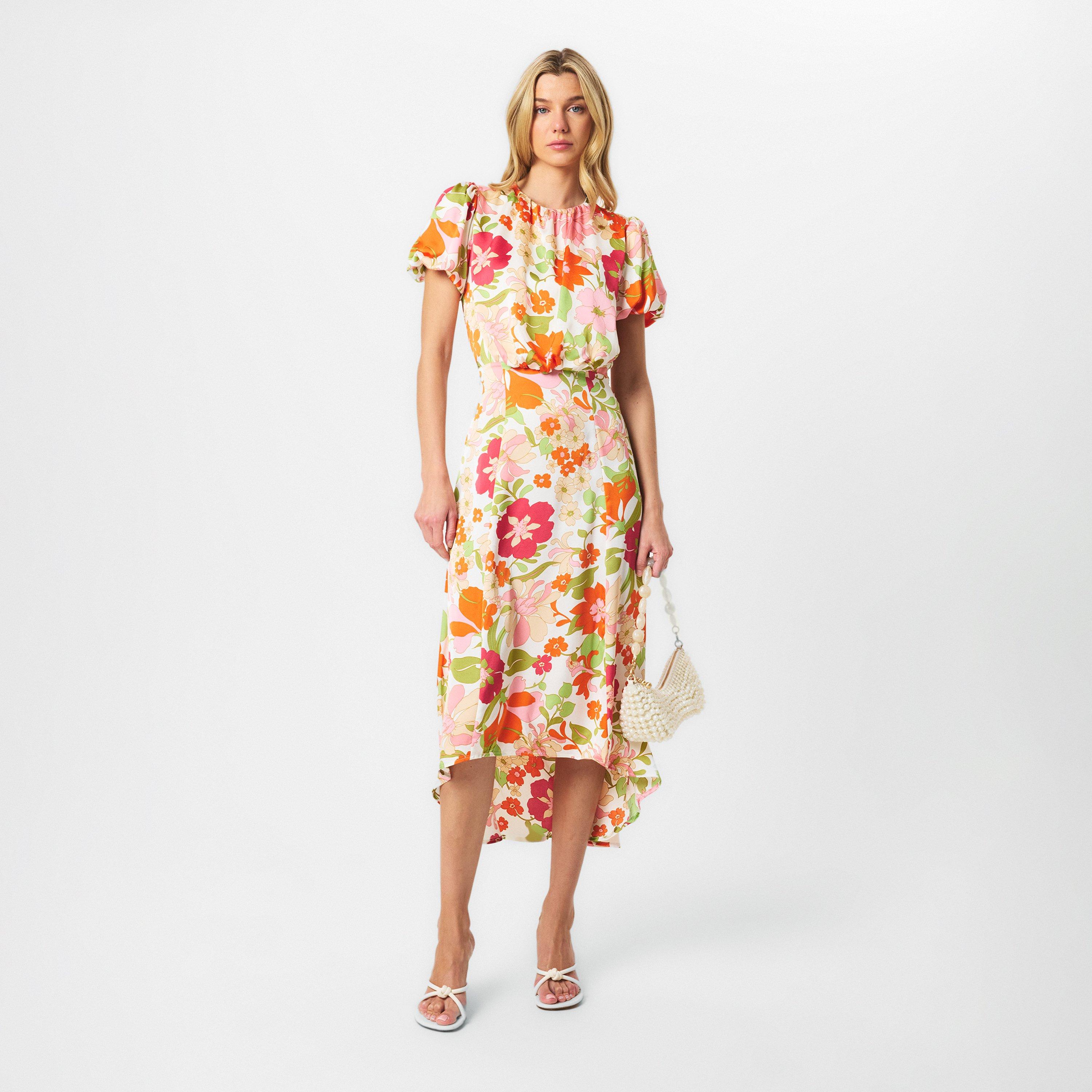 Cream - AX Paris - Cream Floral Printed Puff Sleeve Tie Waist Midi Dress - 6