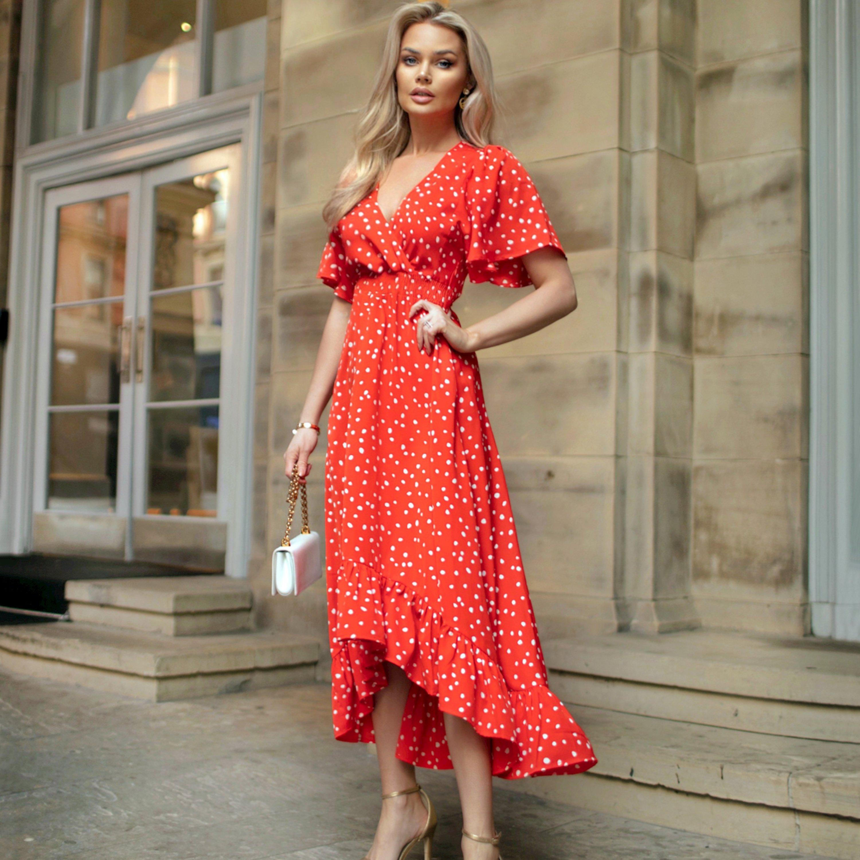 Red - AX Paris - Red And White Polka Dot Printed High Low Midi Dress - 1