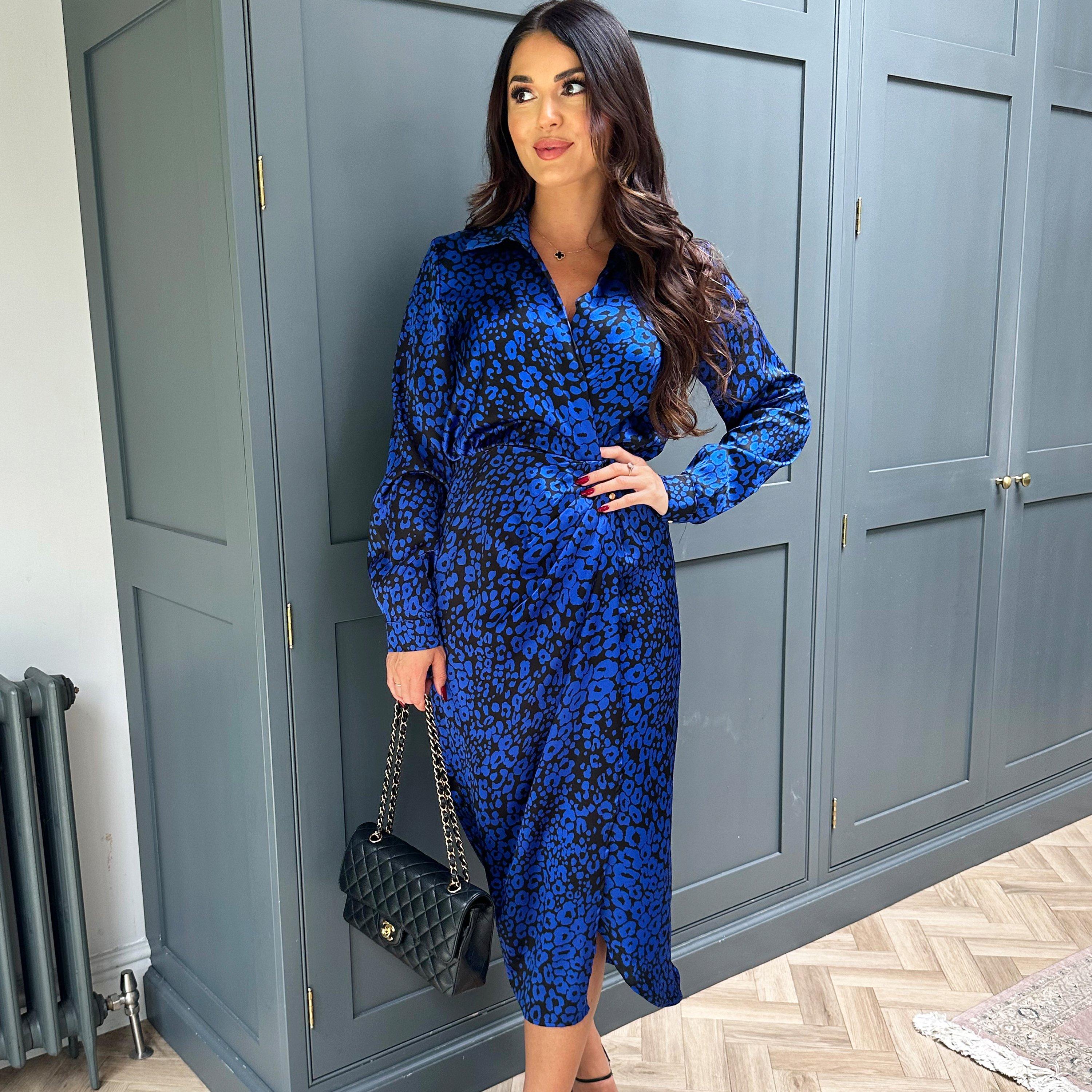 Blue - AX Paris - Cobalt Animal Print Collared Midi Dress - 1