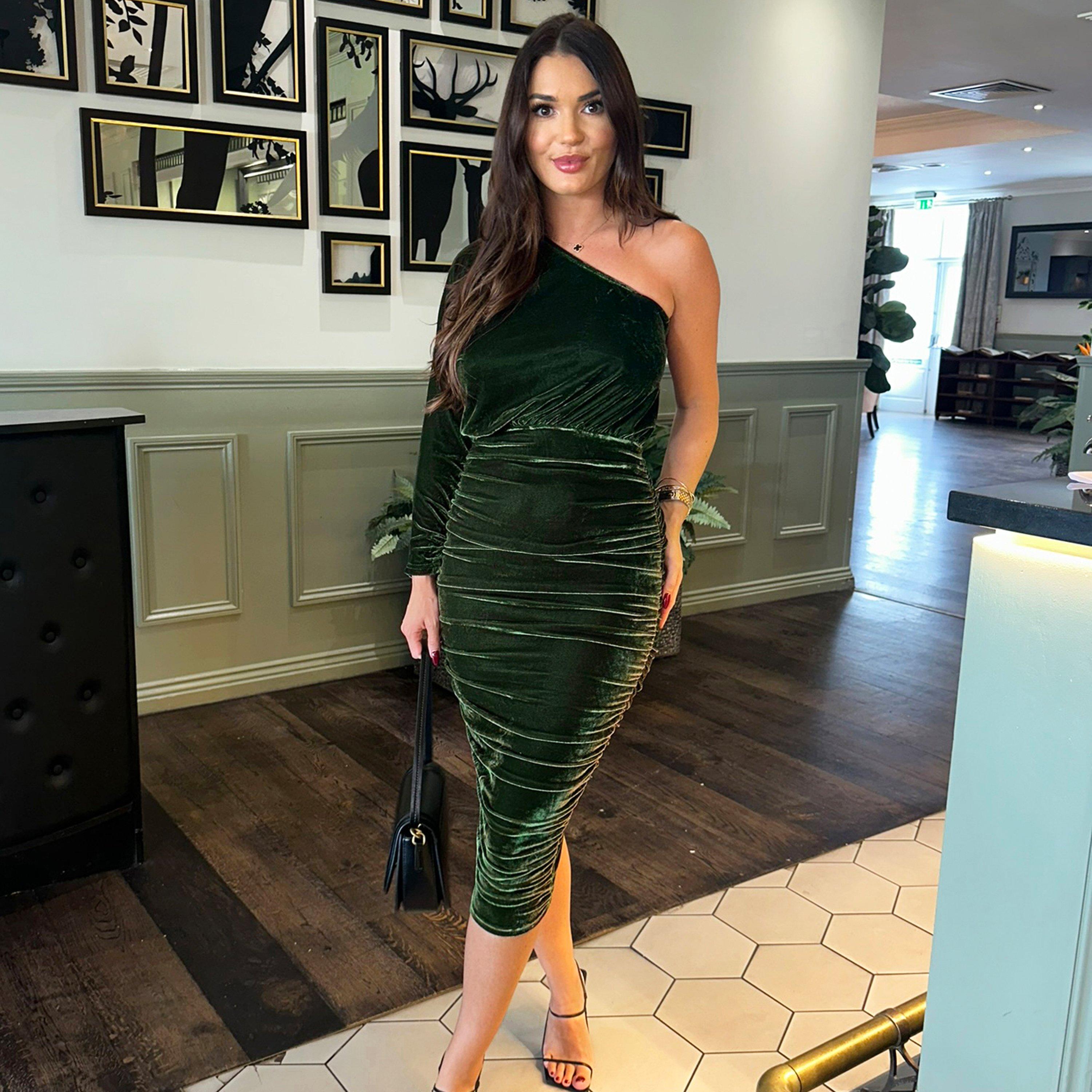 Green - AX Paris - Green Velvet One Sleeve Ruched Midi Dress - 1