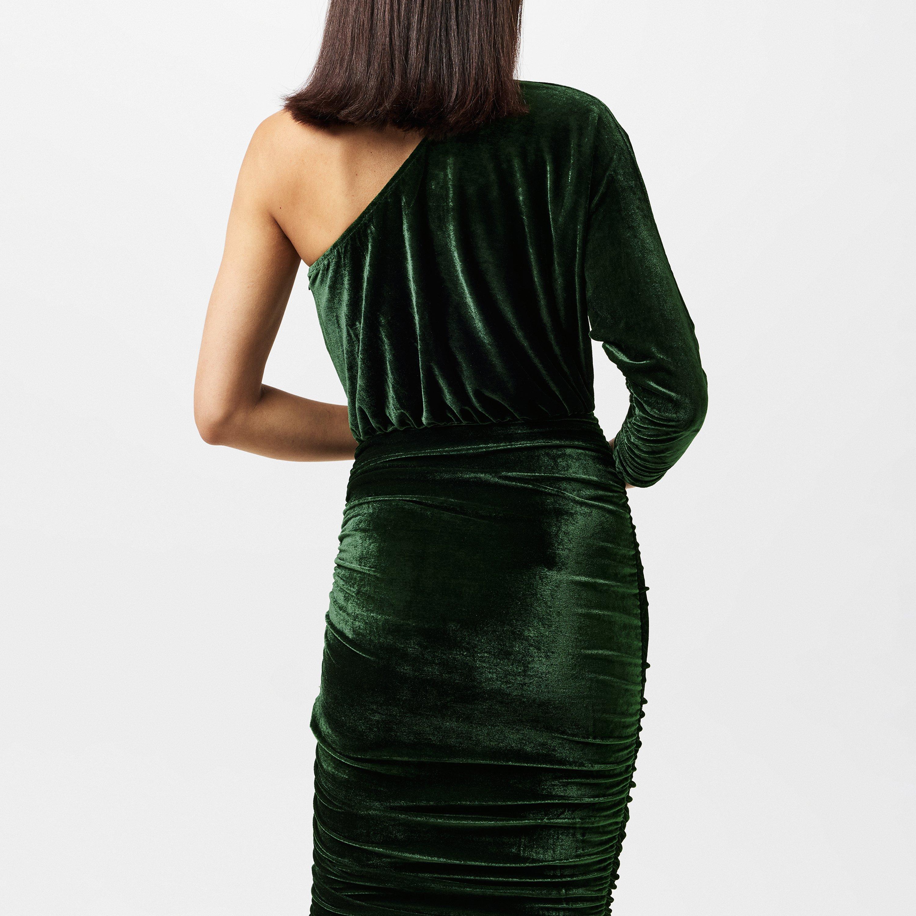 Green - AX Paris - Green Velvet One Sleeve Ruched Midi Dress - 3