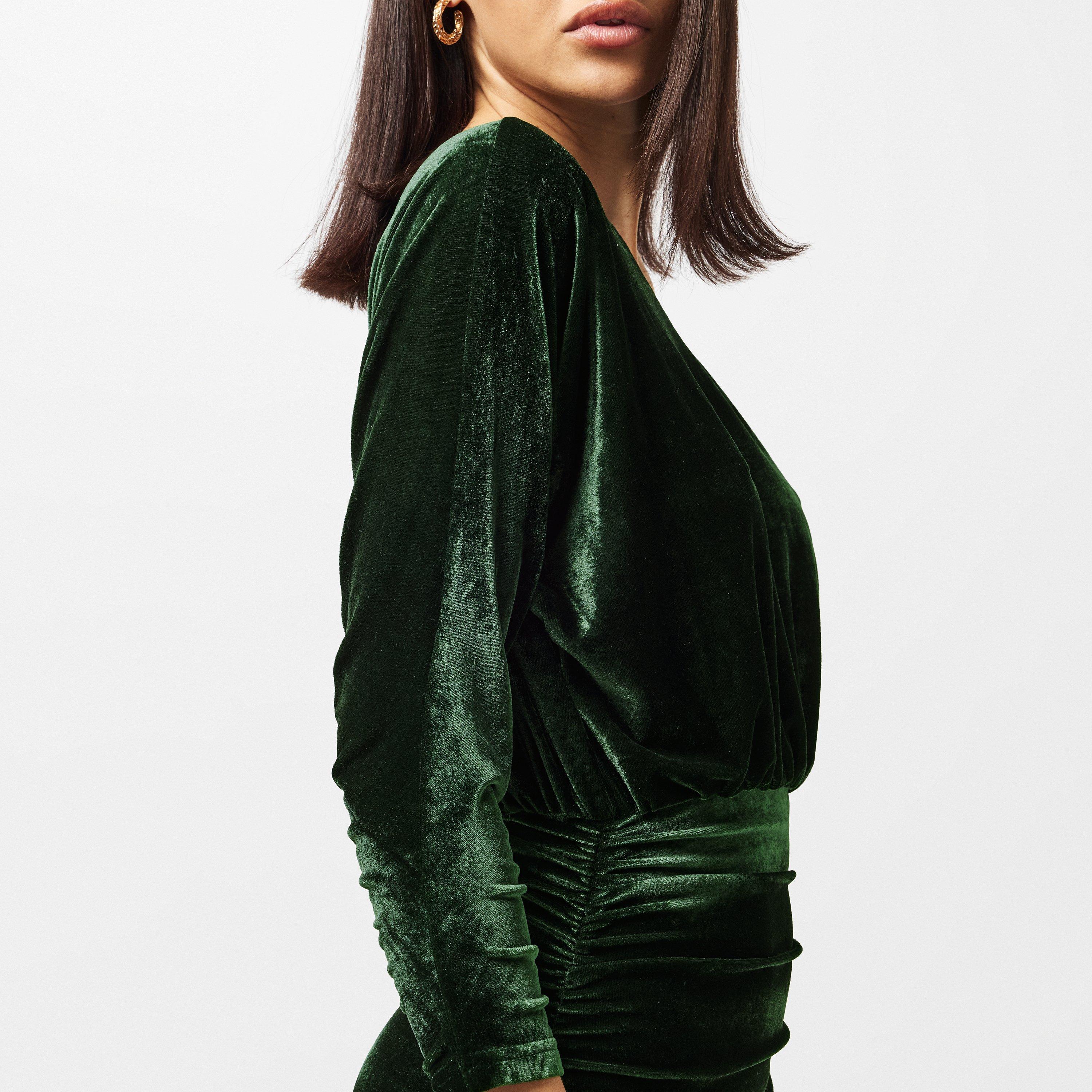 Green - AX Paris - Green Velvet One Sleeve Ruched Midi Dress - 4