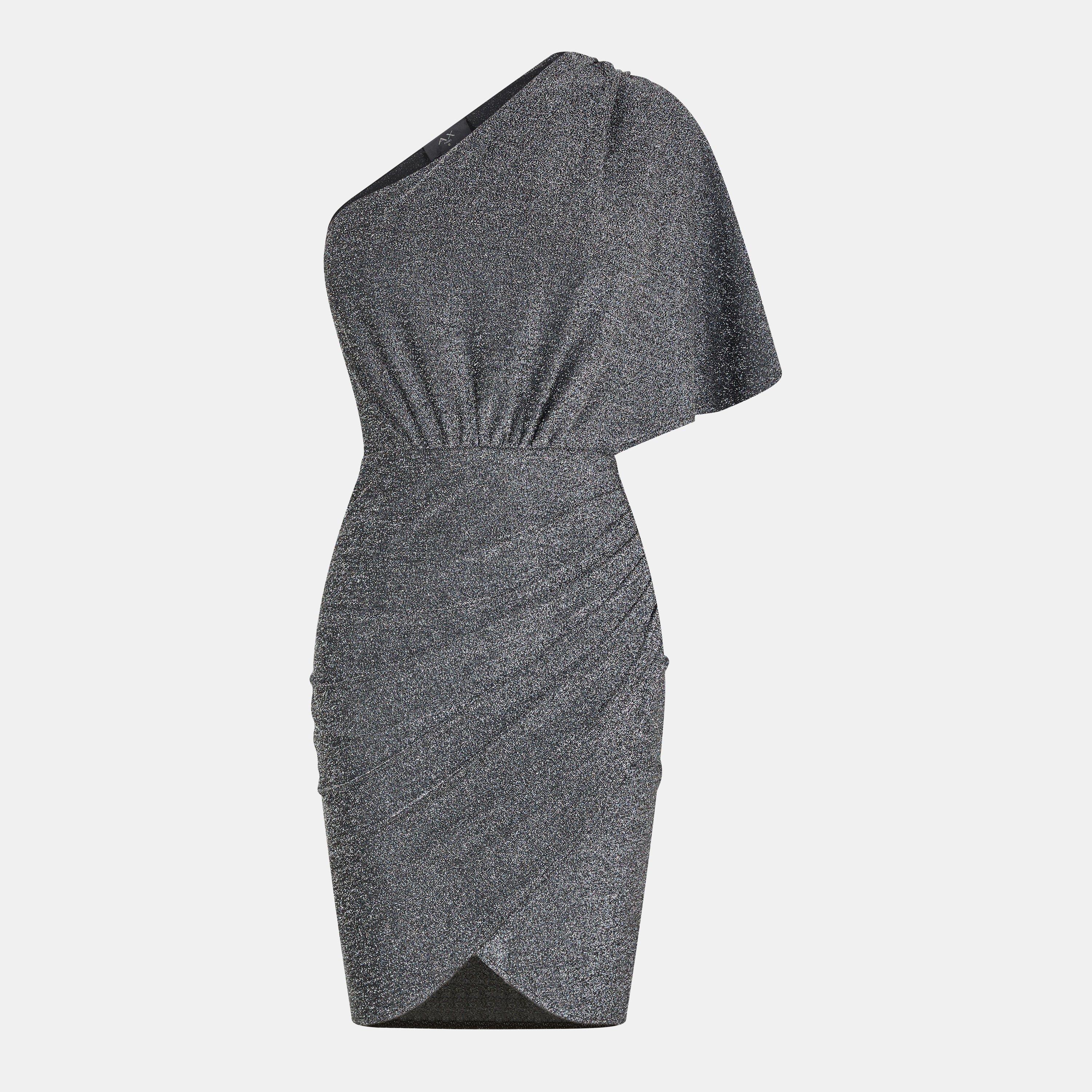 Silver - AX Paris - Silver Sparkle One Sleeve Drape Wrap Mini Dress - 1
