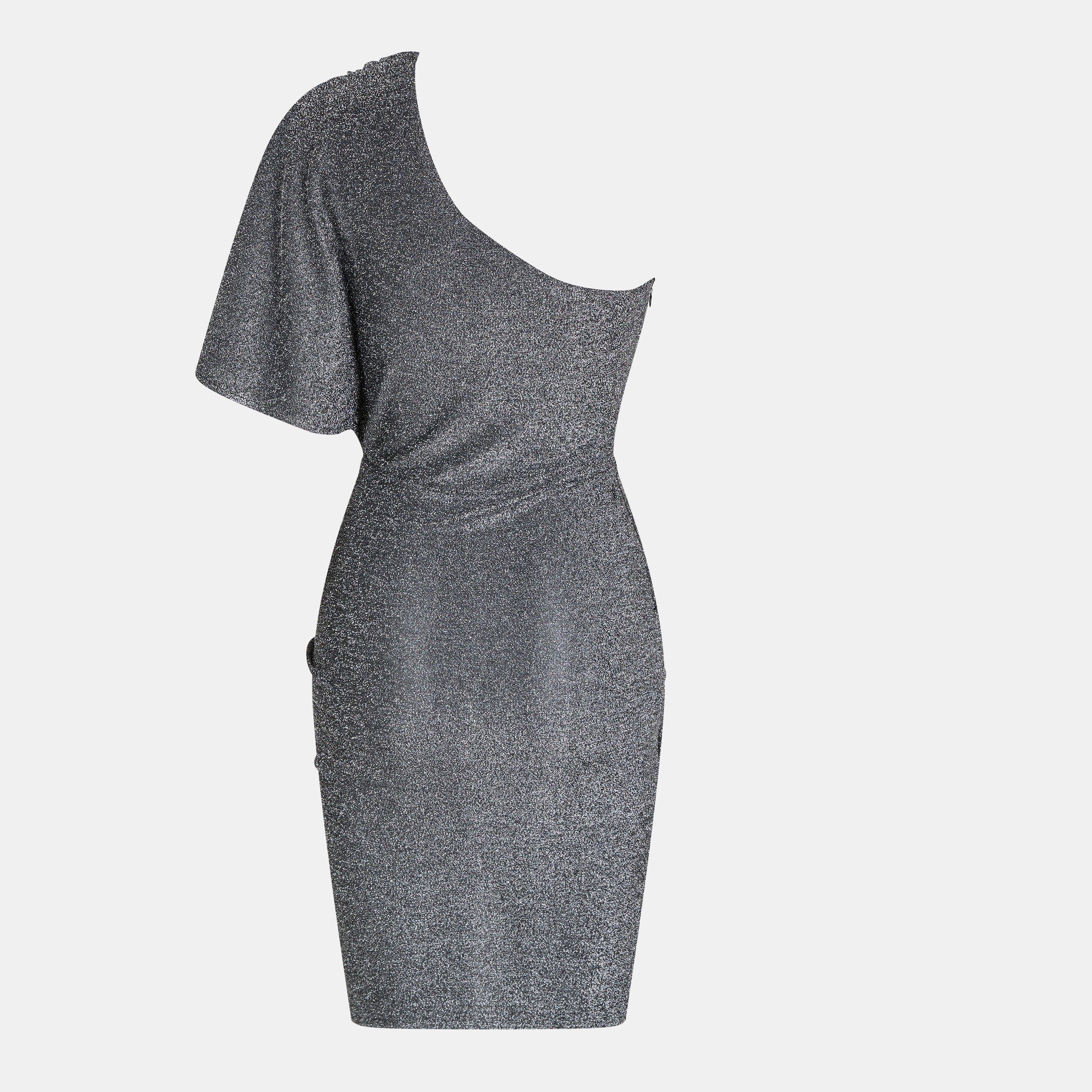 Silver - AX Paris - Silver Sparkle One Sleeve Drape Wrap Mini Dress - 2