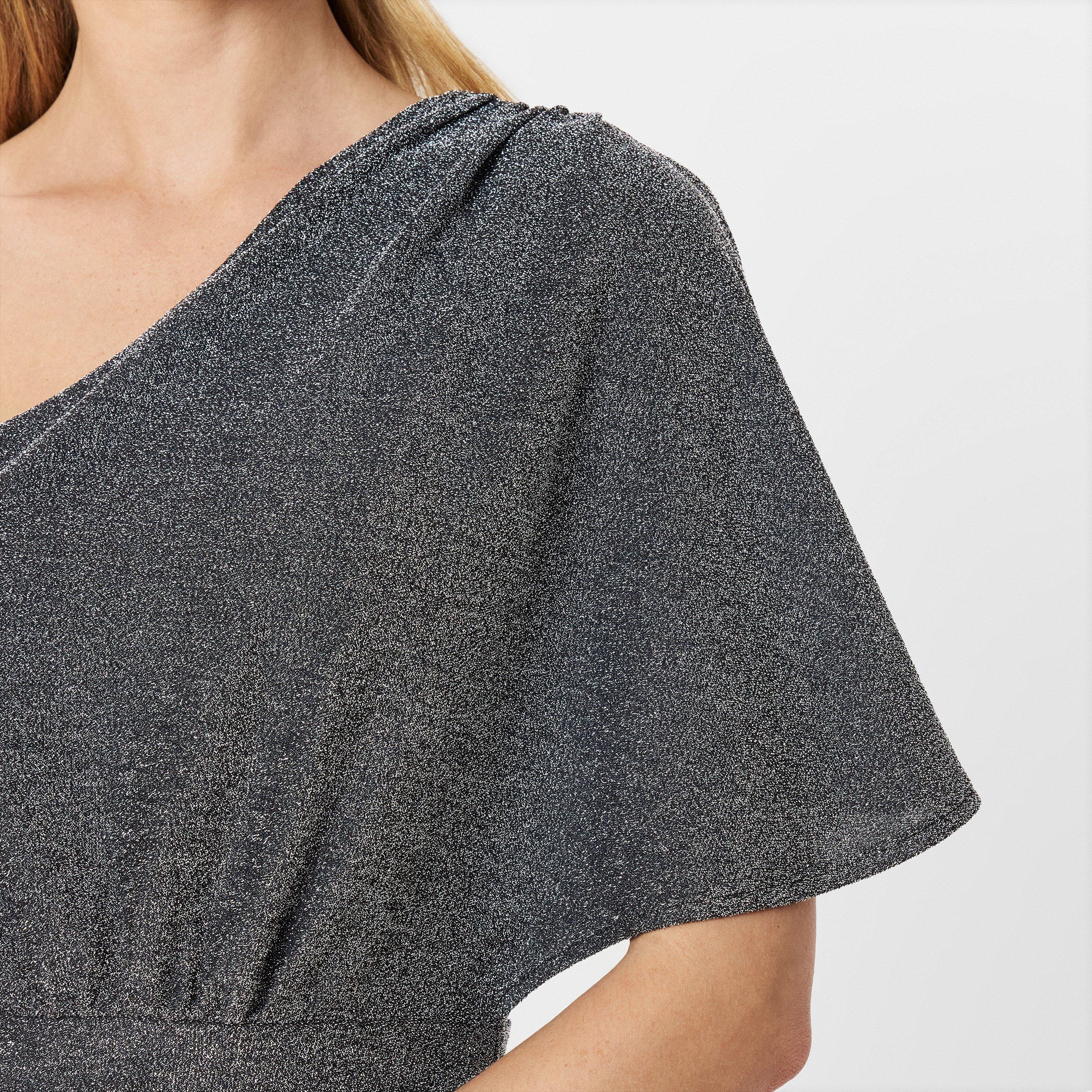 Silver - AX Paris - Silver Sparkle One Sleeve Drape Wrap Mini Dress - 5