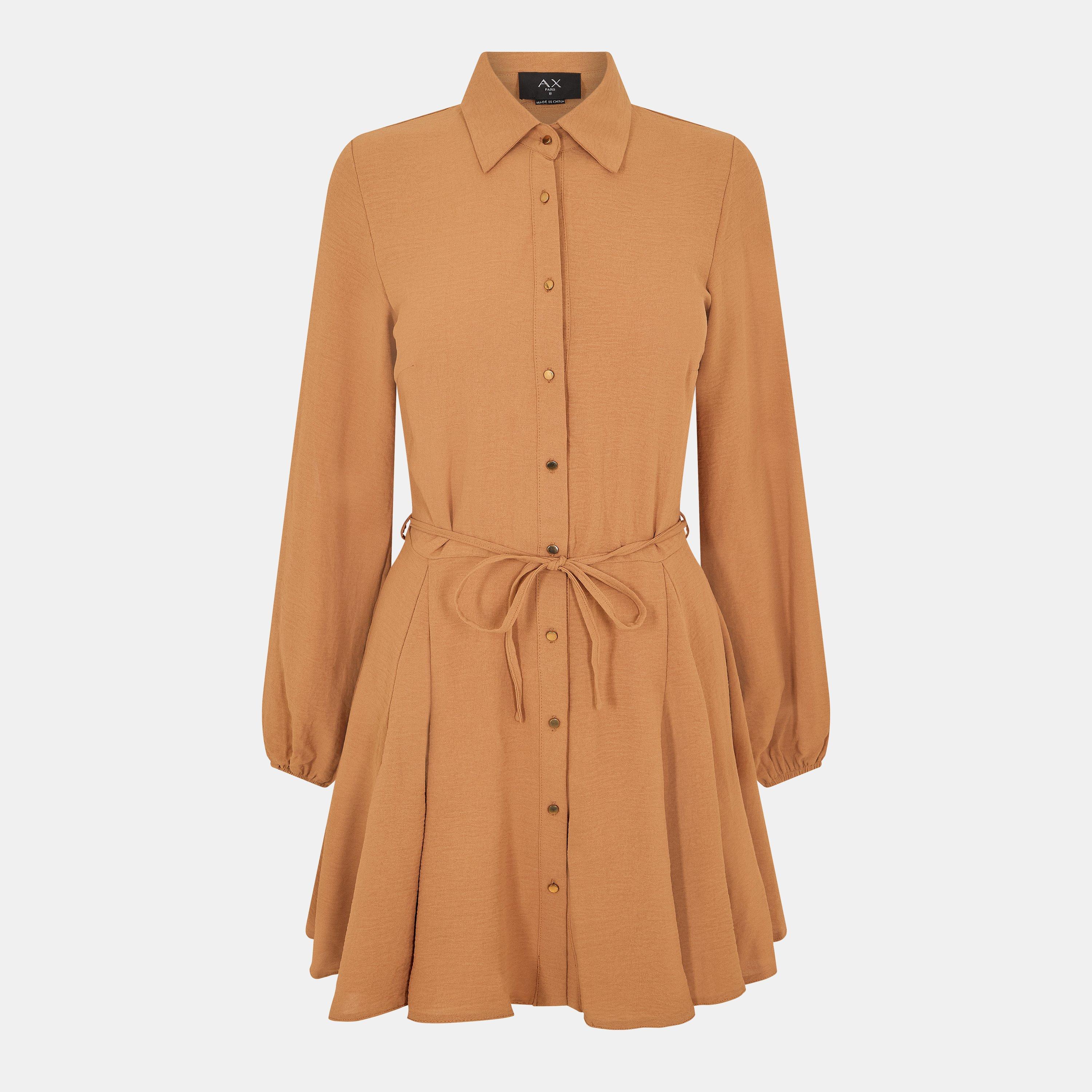 AX Paris Camel Long Sleeve Button Front Skater Shirt Dress
