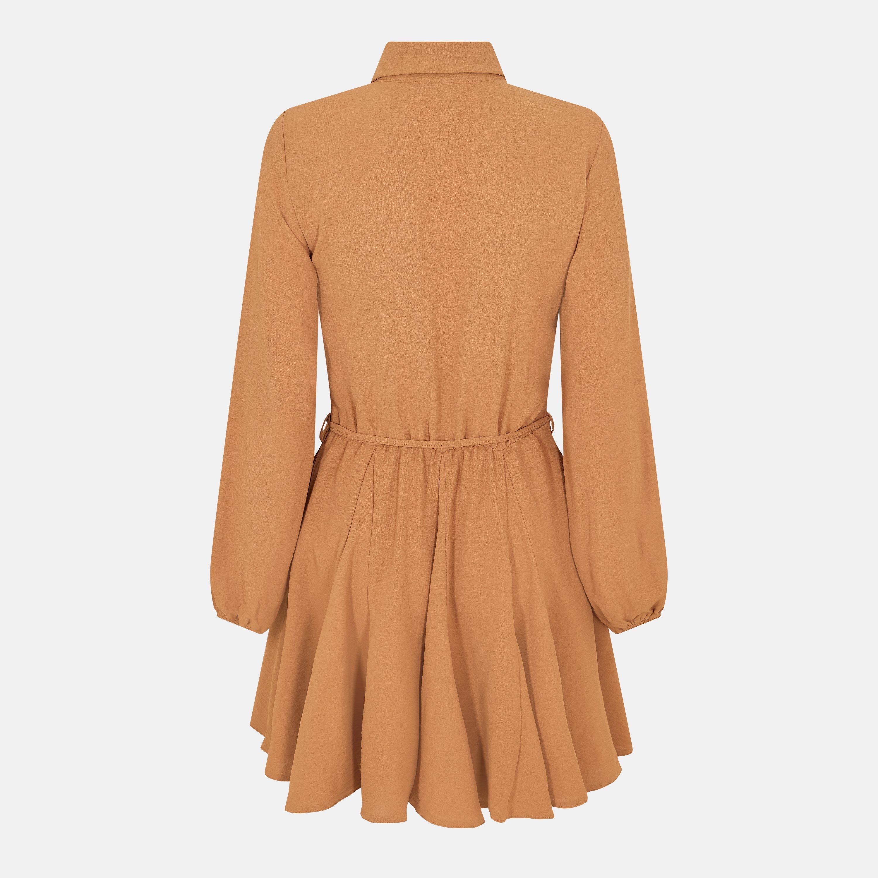 Neutral - AX Paris - Camel Long Sleeve Button Front Skater Shirt Dress - 2