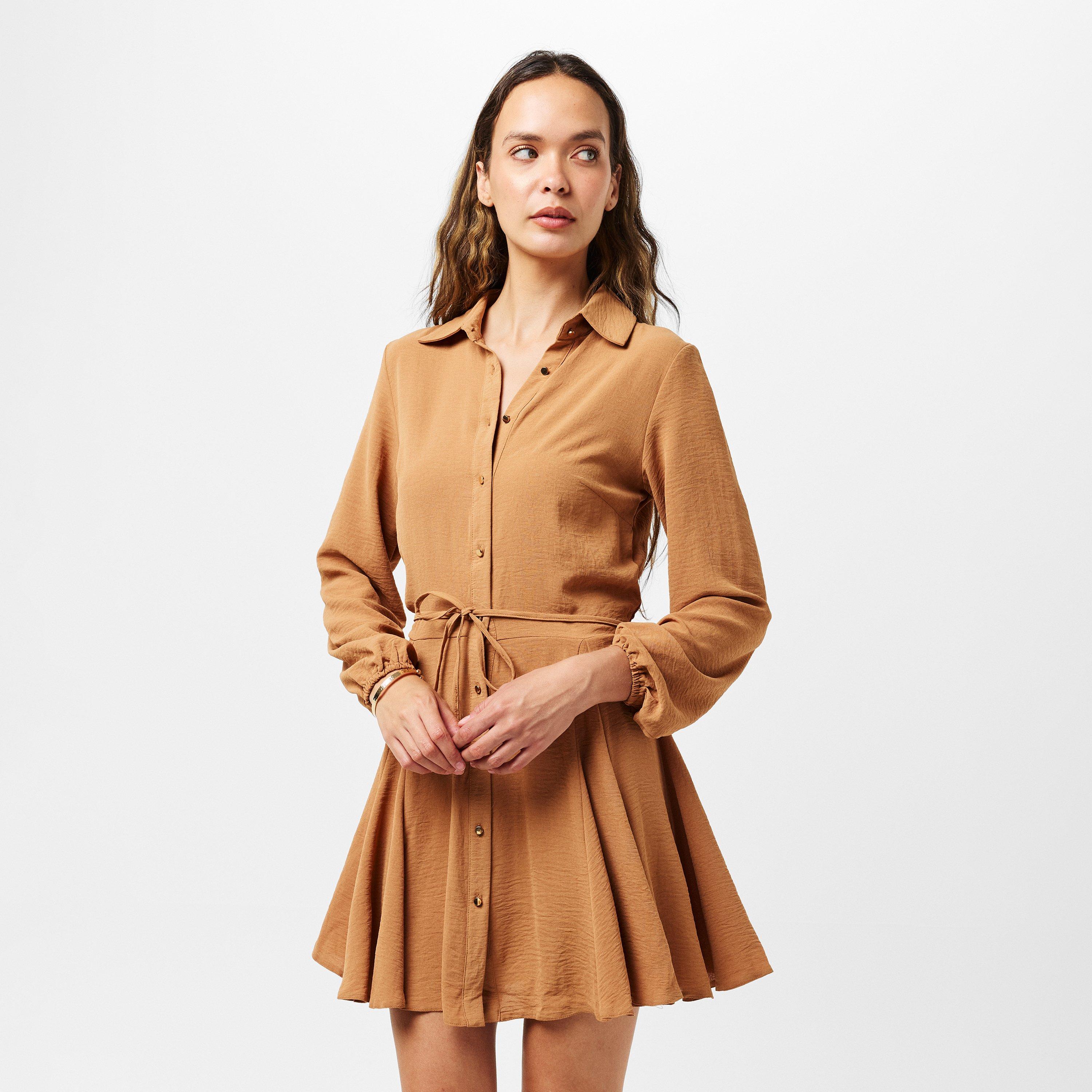 Neutral - AX Paris - Camel Long Sleeve Button Front Skater Shirt Dress - 3