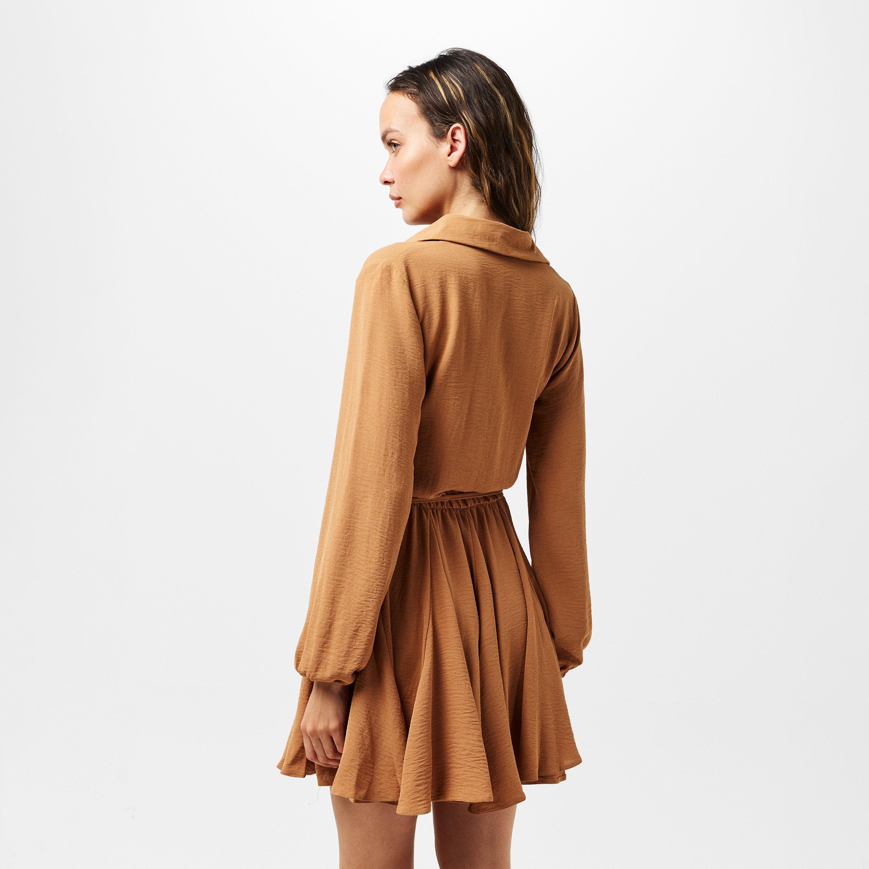 Neutral - AX Paris - Camel Long Sleeve Button Front Skater Shirt Dress - 4