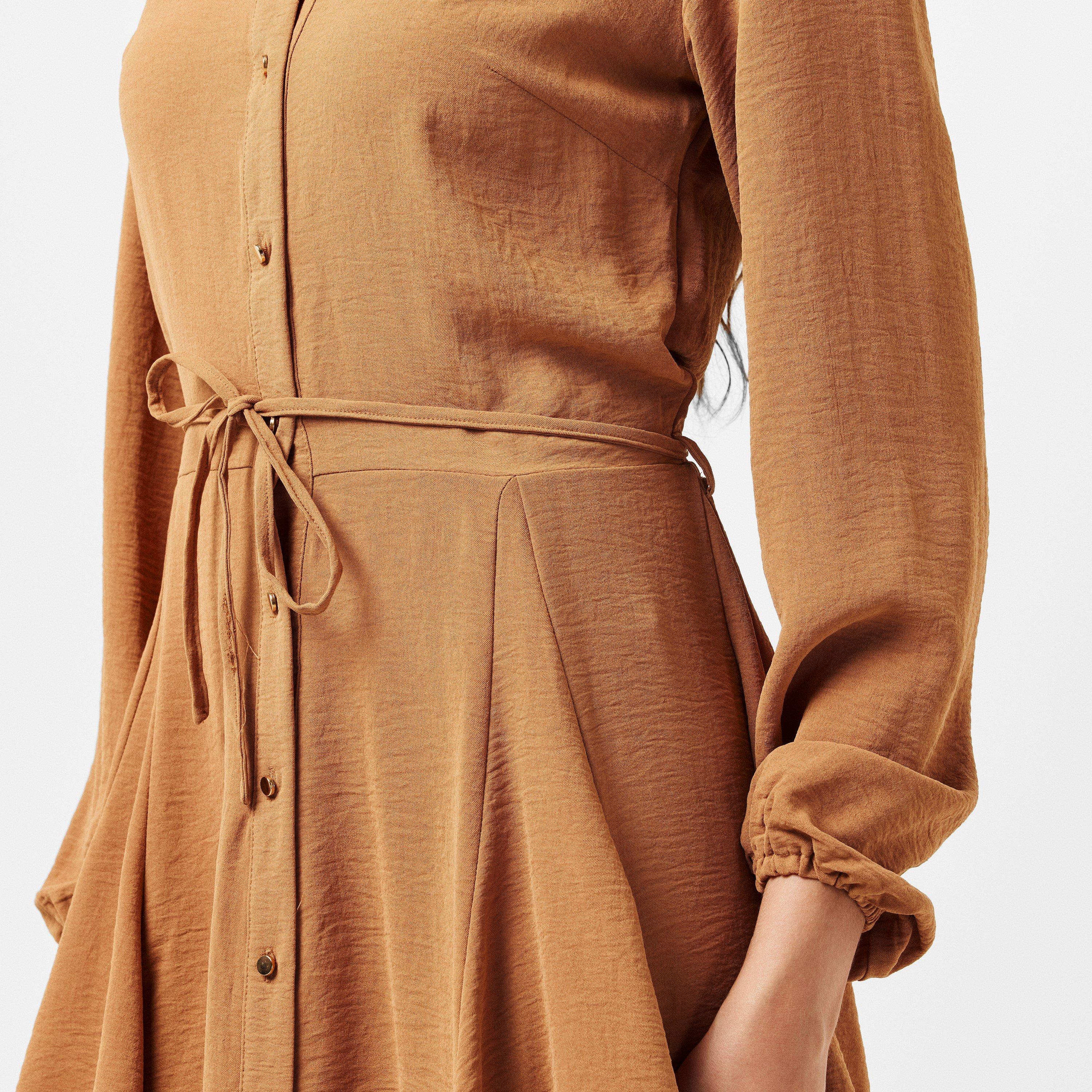 Neutral - AX Paris - Camel Long Sleeve Button Front Skater Shirt Dress - 5
