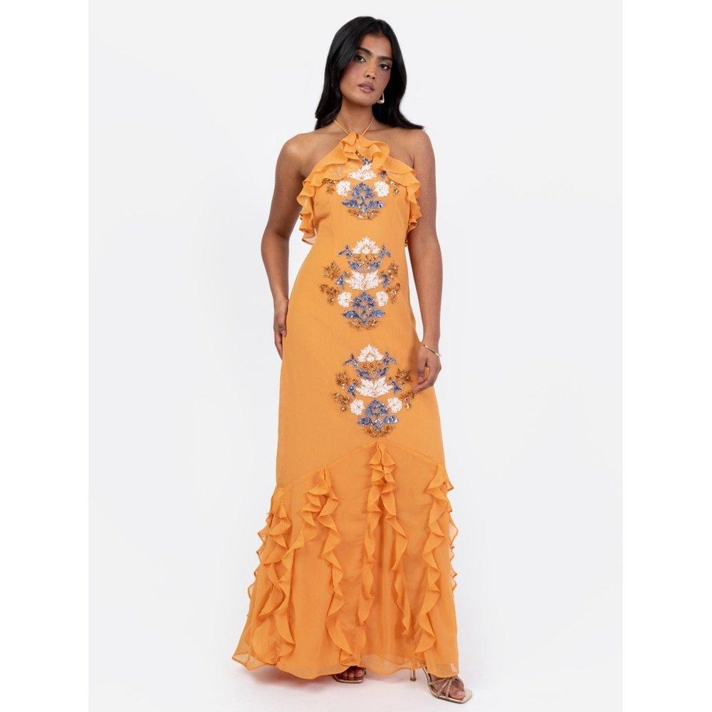 Orange - Maya Deluxe - Maya Orange Embellished Halter Neck Ruffled Maxi Dress - 1
