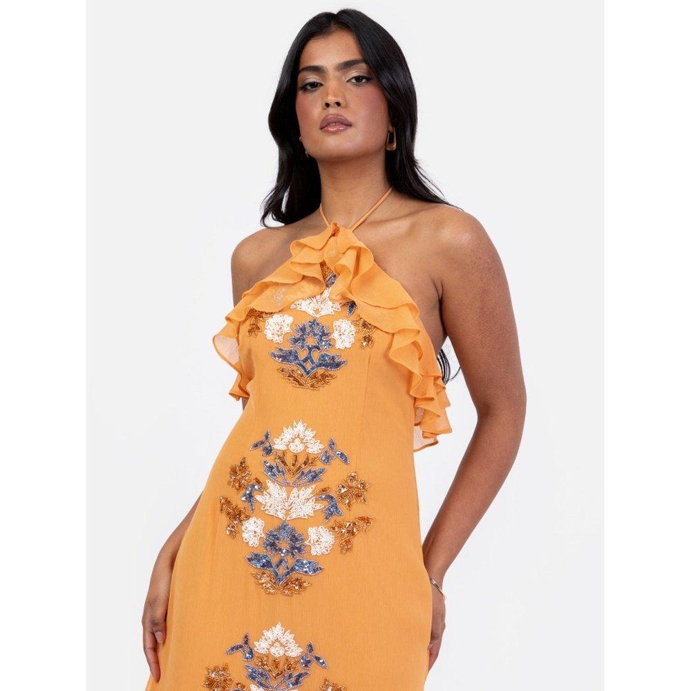 Orange - Maya Deluxe - Maya Orange Embellished Halter Neck Ruffled Maxi Dress - 3