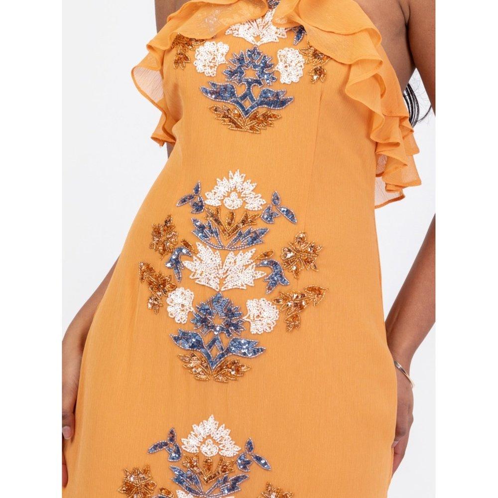 Orange - Maya Deluxe - Maya Orange Embellished Halter Neck Ruffled Maxi Dress - 5