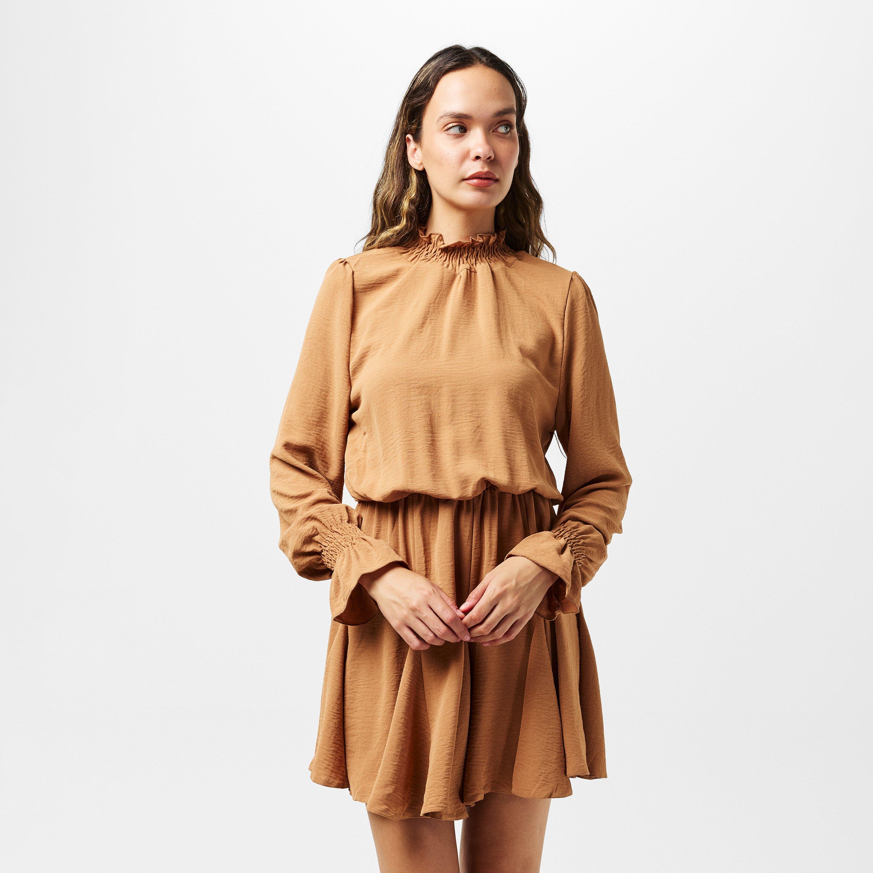 Neutral - AX Paris - Camel High Neck Shirred Detail Skater Dress - 3